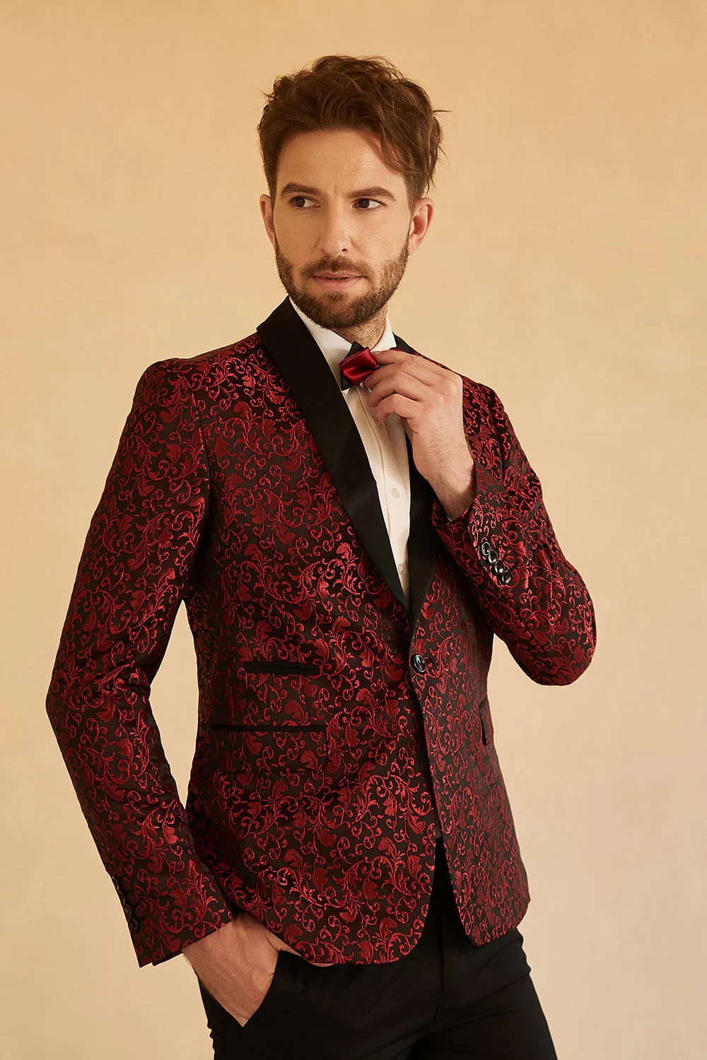Czerwony szal Lapel Żakardowy Marynarka męska Na Studniówkę - Image 4