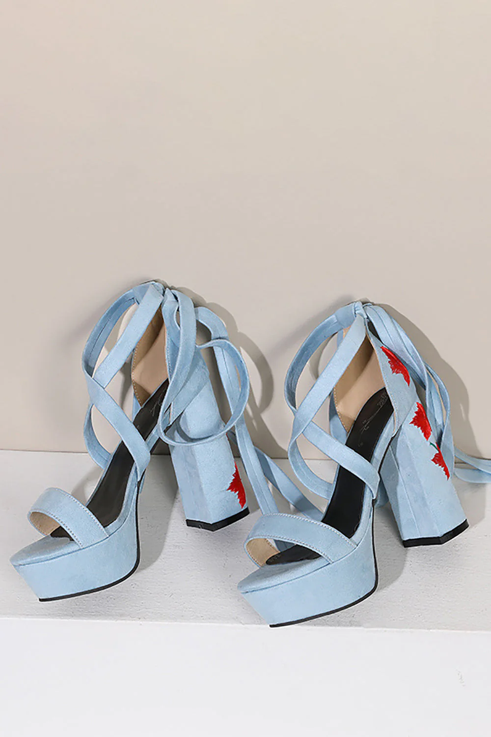 Damskie czarne haftowane paski masywny obcas z odkrytymi palcami buty - Image 9