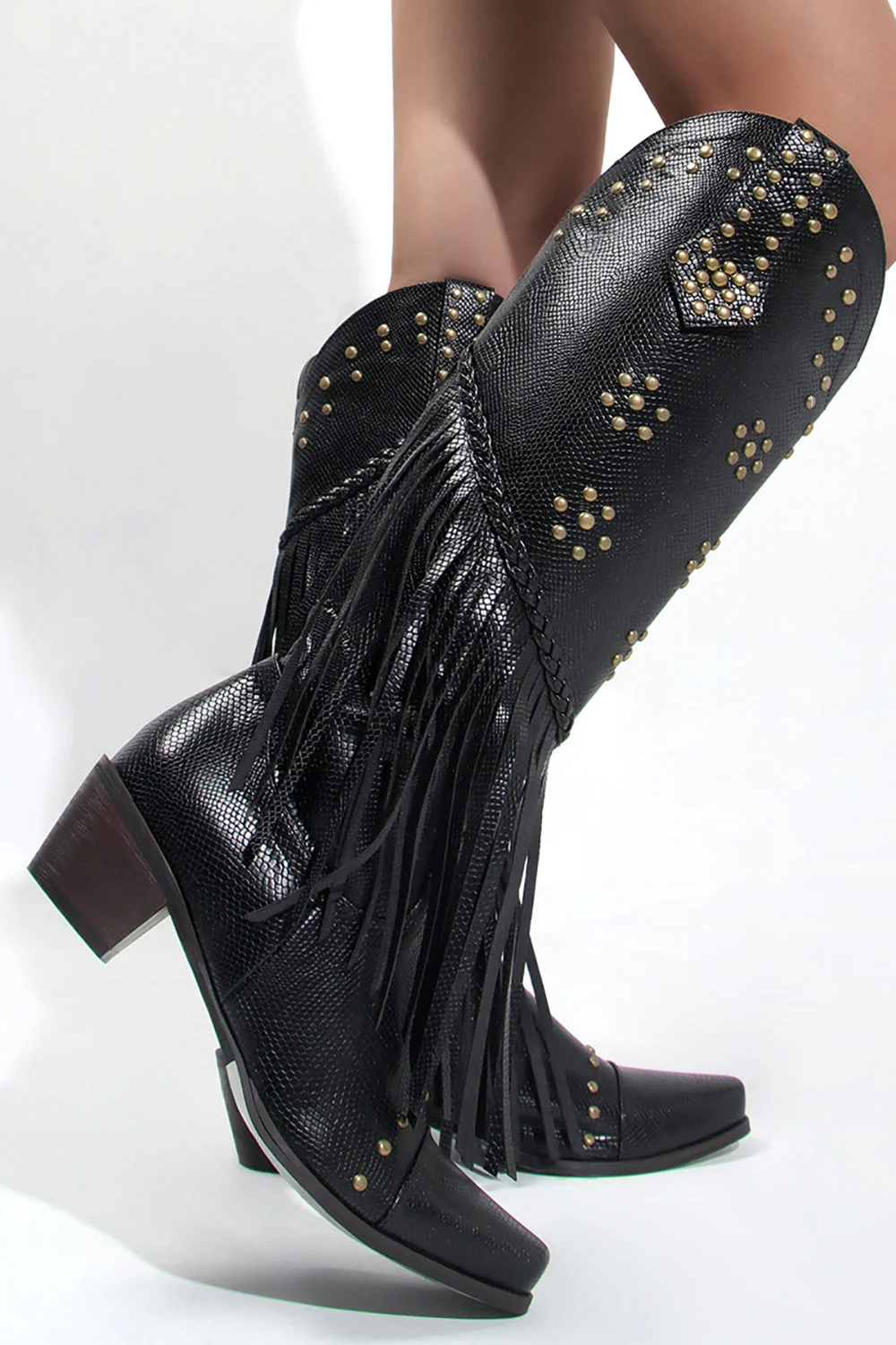 Damskie czarne koraliki z frędzlami ze spiczastym noskiem Chunky Hell Boots - Image 3