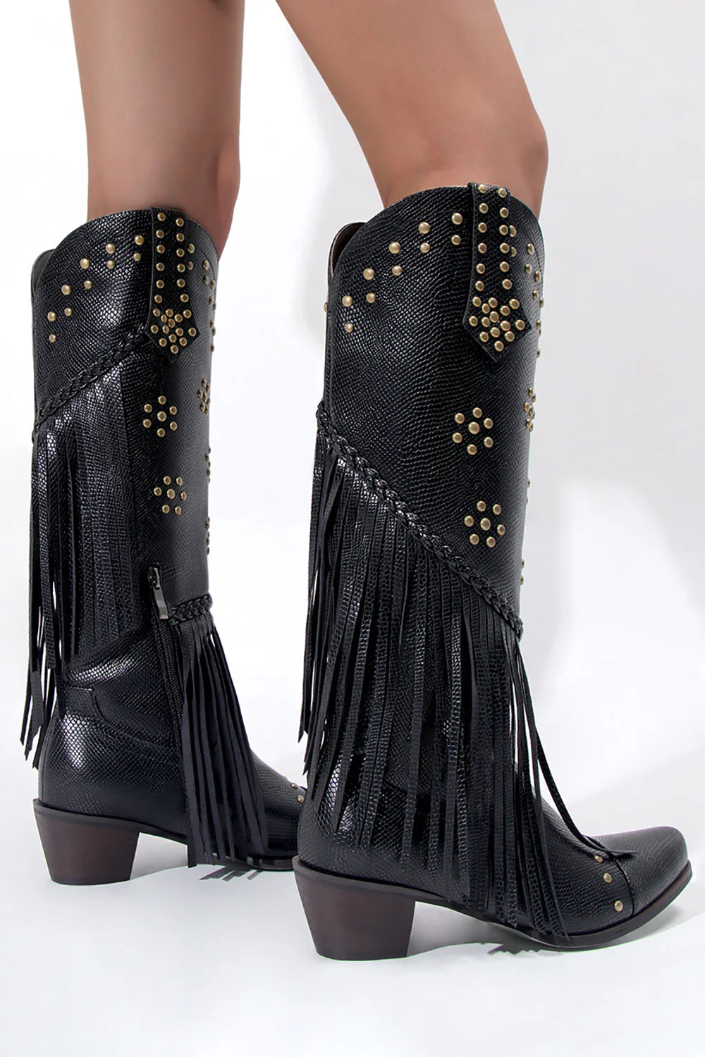 Damskie czarne koraliki z frędzlami ze spiczastym noskiem Chunky Hell Boots - Image 4