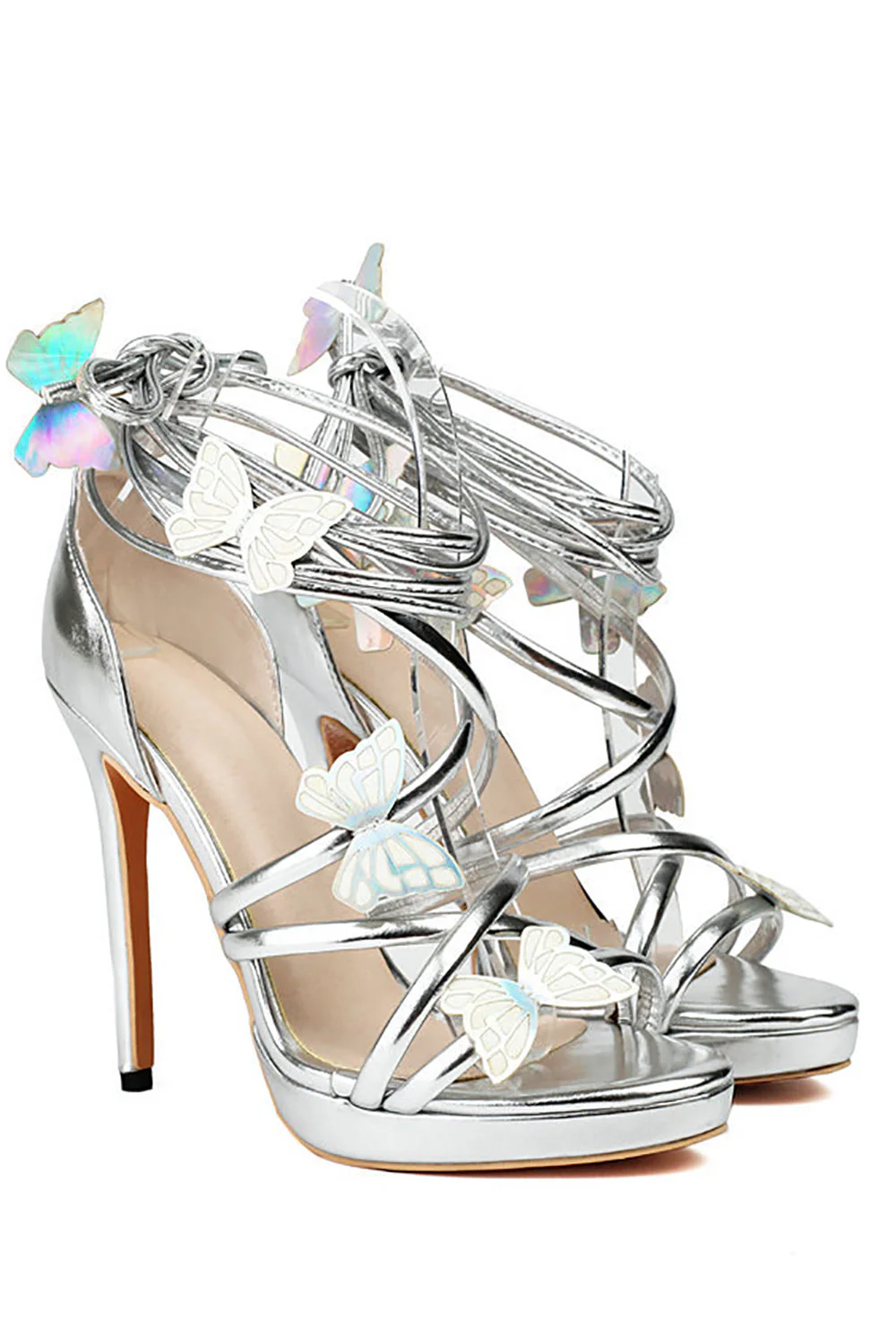Damskie Złote Metaliczne Paski Stilletos Obcasy Buty z Motylem - Image 14