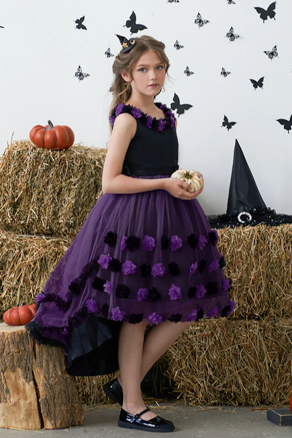 Dark Purple High Low Tulle Halloween Sukienka Dziewczyna z 3D Flower - Image 3