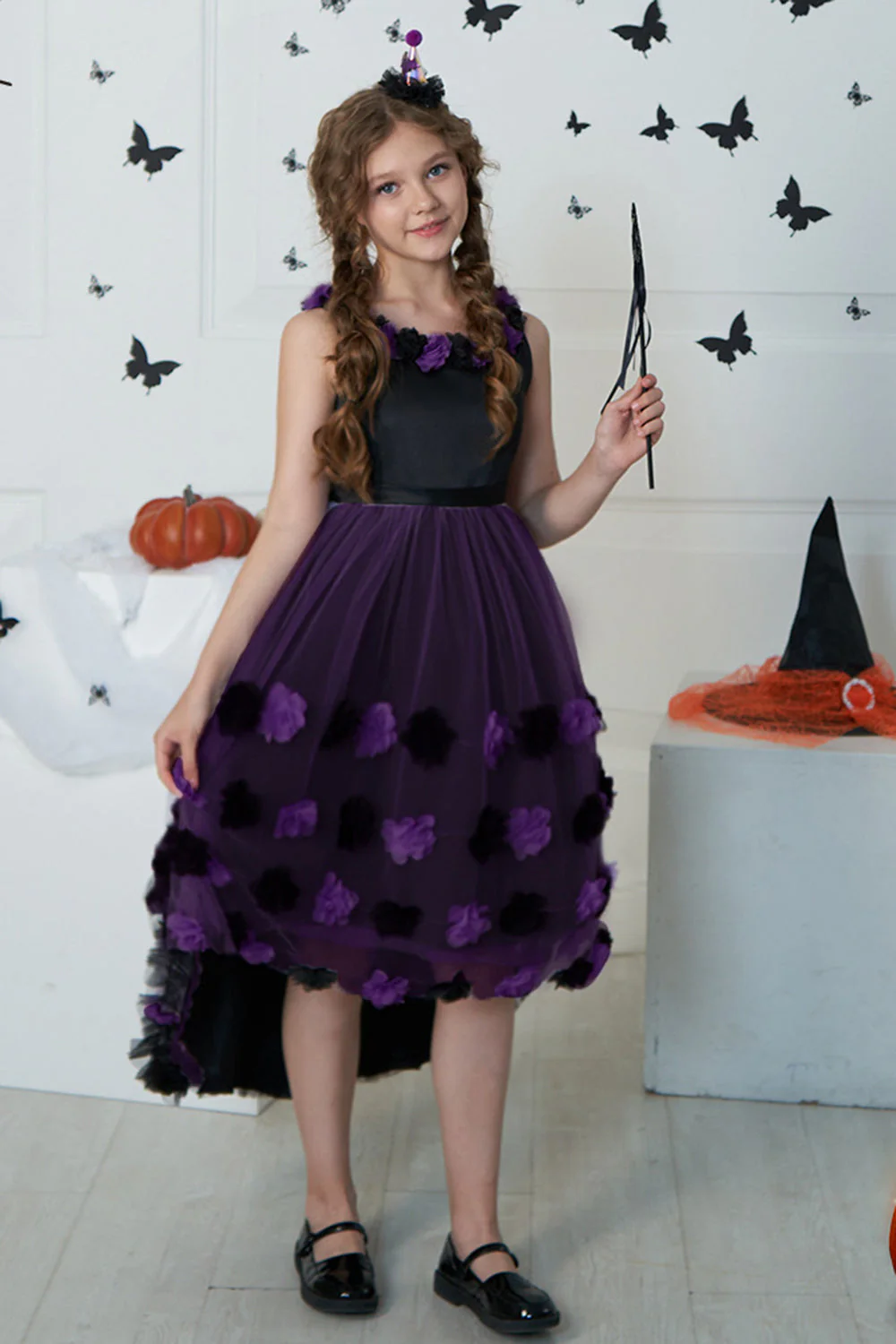 Dark Purple High Low Tulle Halloween Sukienka Dziewczyna z 3D Flower - Image 4
