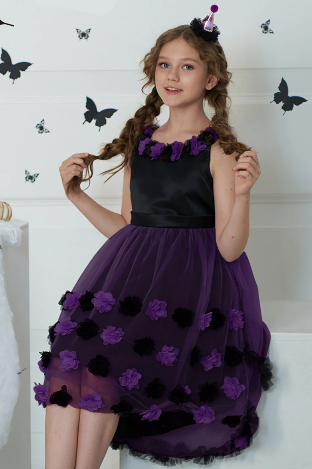 Dark Purple High Low Tulle Halloween Sukienka Dziewczyna z 3D Flower - Image 5