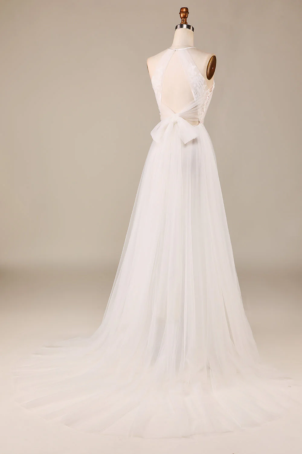 Dekolt Halter Kość Słoniowa Suknia Ślubna Z Elegancką Koronką - Image 2