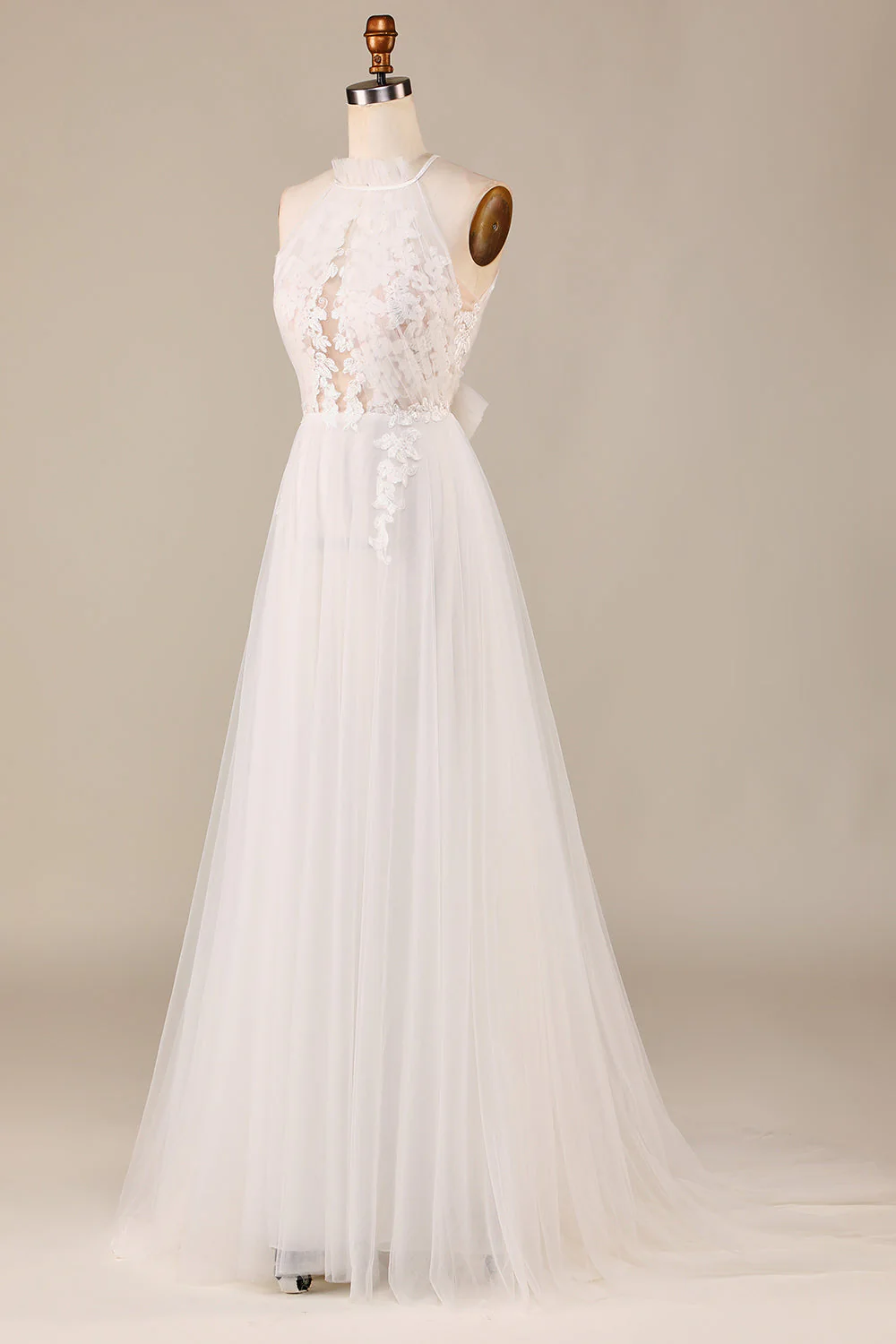 Dekolt Halter Kość Słoniowa Suknia Ślubna Z Elegancką Koronką - Image 3