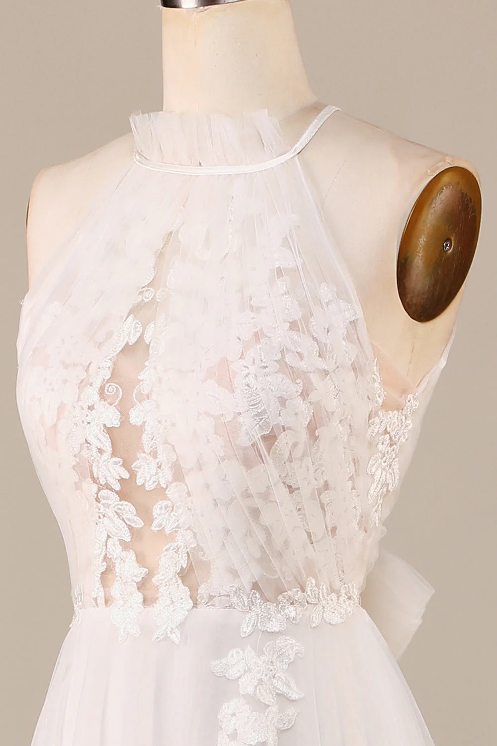 Dekolt Halter Kość Słoniowa Suknia Ślubna Z Elegancką Koronką - Image 6