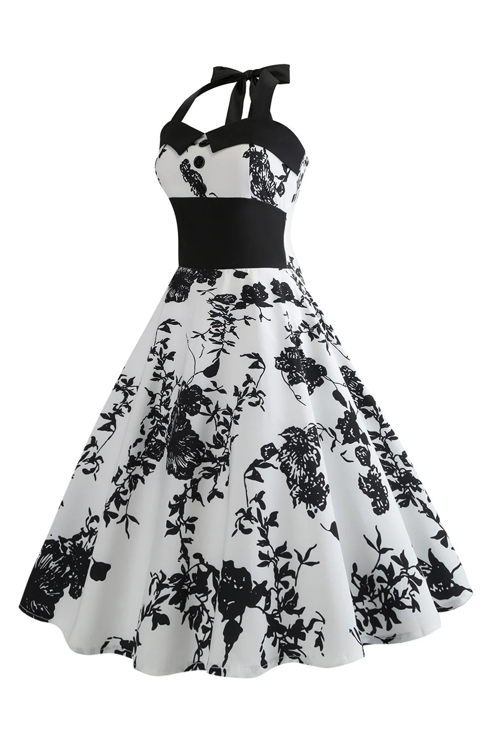 Dekolt Halter Kwiatowy Nadruk Biała Sukienka Retro Lata 50 - Image 3
