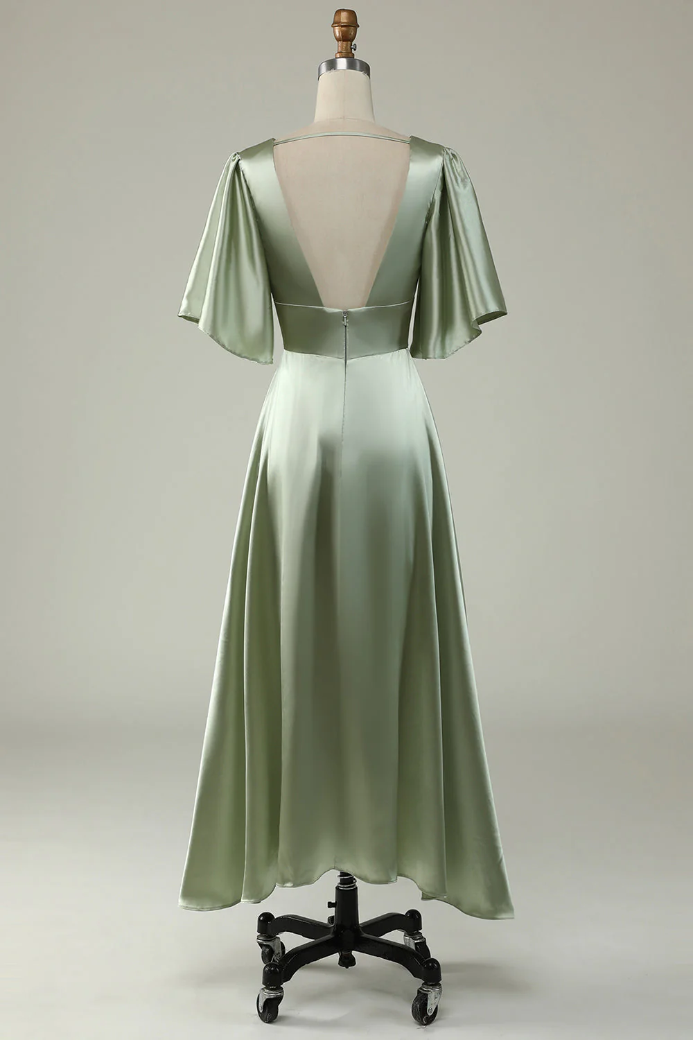 Jasnozielony Satynowe Długa Sukienka Na Wesele z Rękawy - Image 2