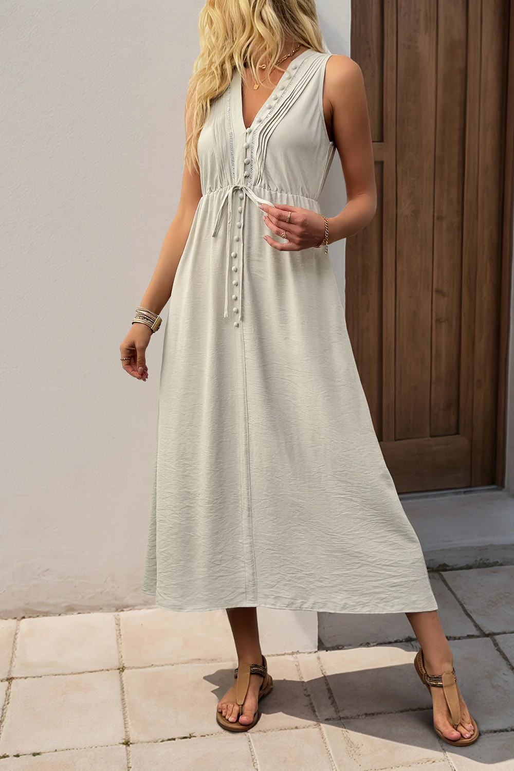 Dekolt w szpic Khaki A line Casual letnia sukienka z kieszeniami - Image 4