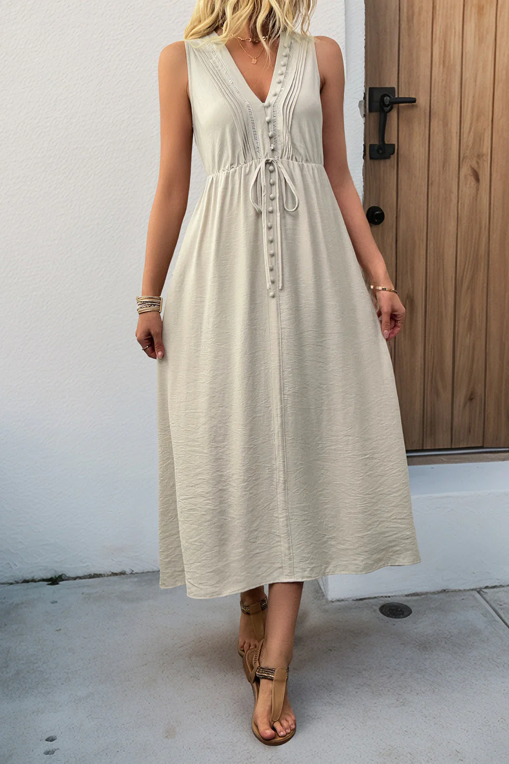 Dekolt w szpic Khaki A line Casual letnia sukienka z kieszeniami - Image 5