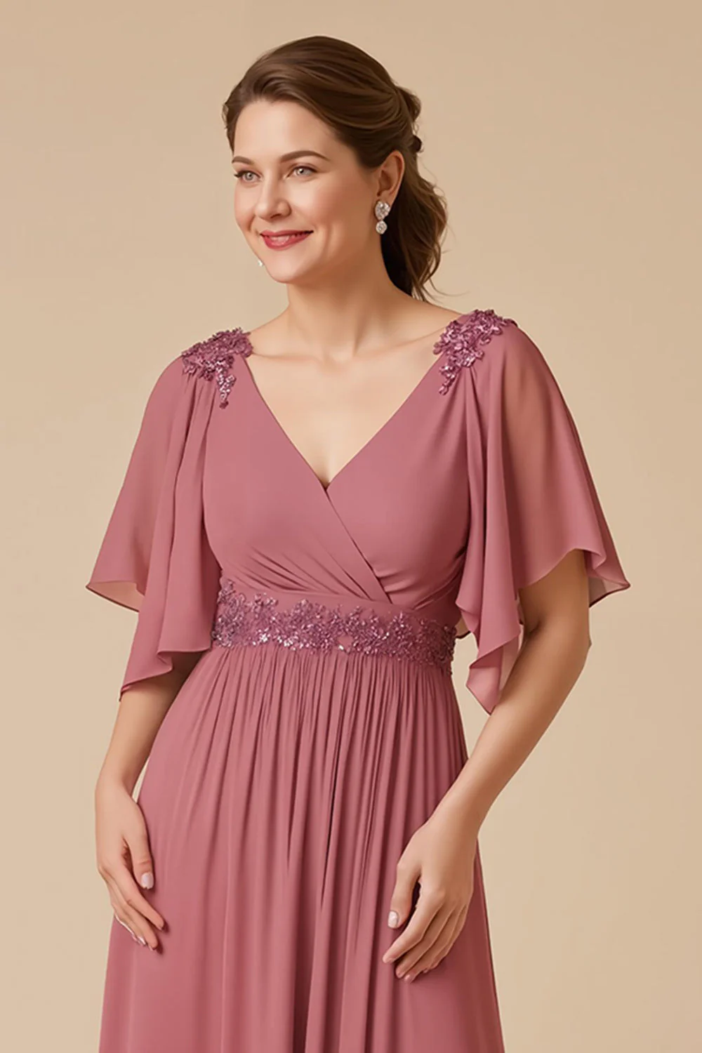 Desert Rose Chiffon Linia Aplikowana sukienka dla matki panny młodej z rękawami - Image 3