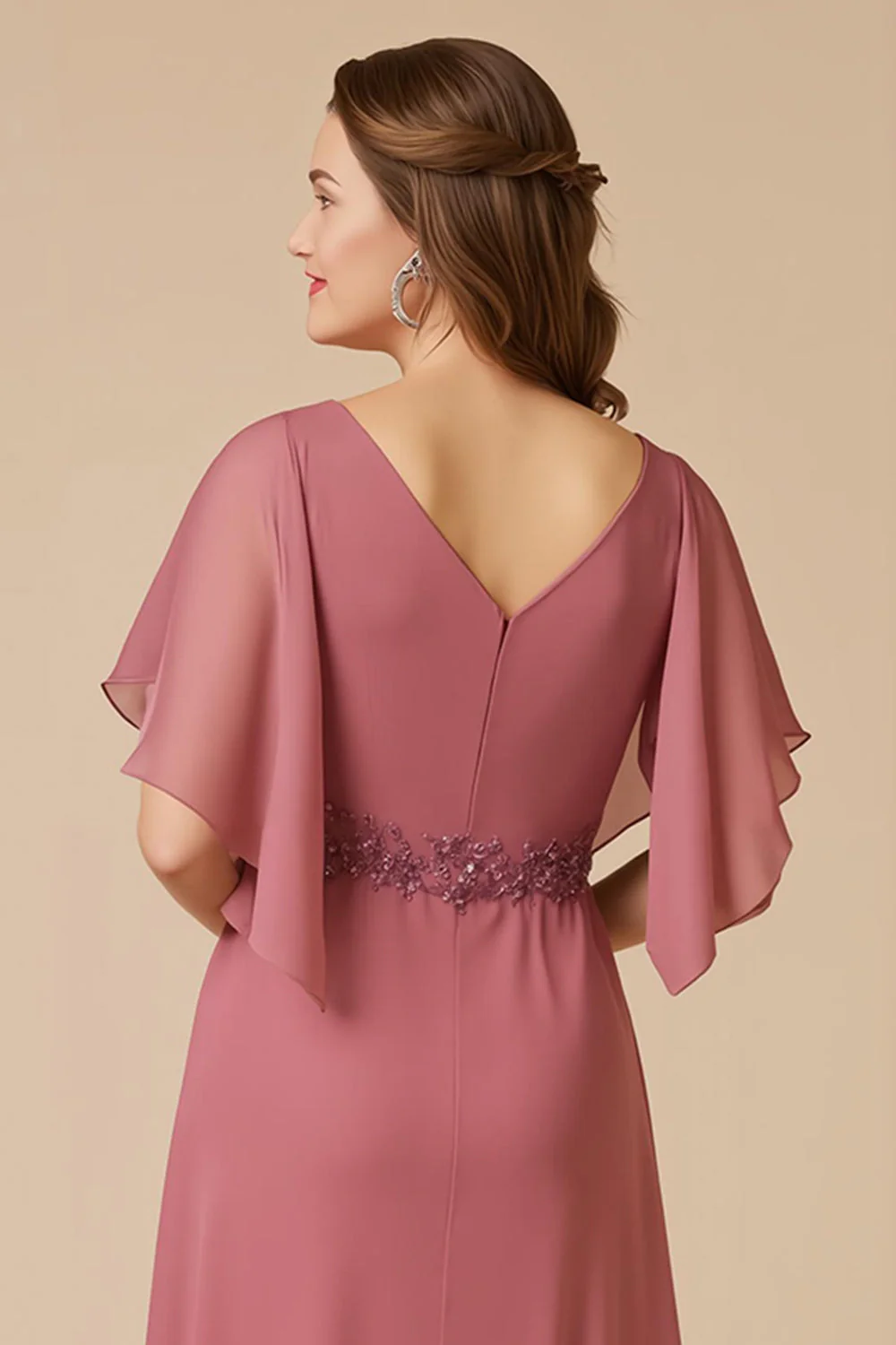 Desert Rose Chiffon Linia Aplikowana sukienka dla matki panny młodej z rękawami - Image 4