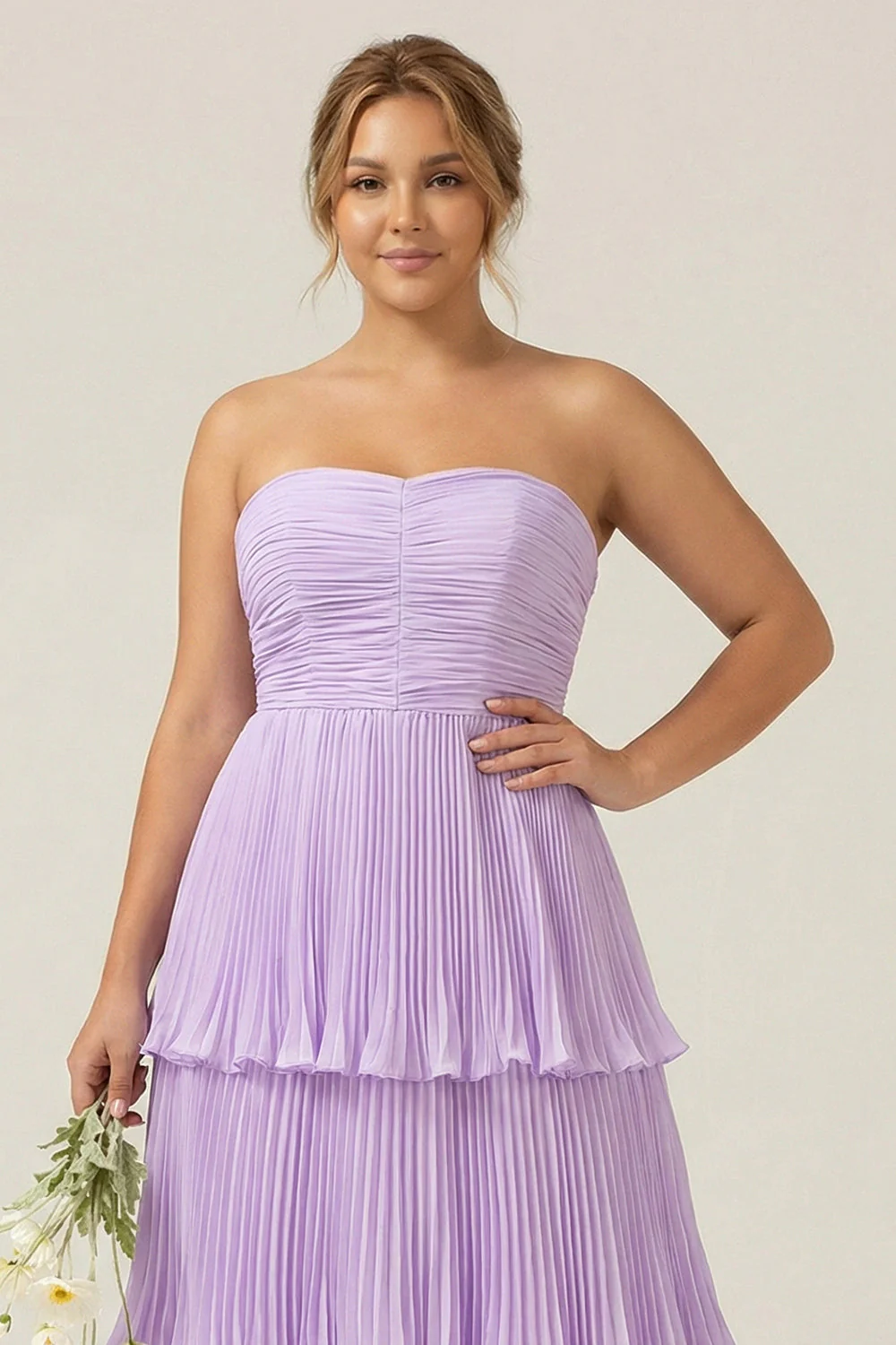 Długa sukienka druhny w rozmiarze plus size w kształcie litery A-line w kolorze liliowym i szyfonowym plus size - Image 3