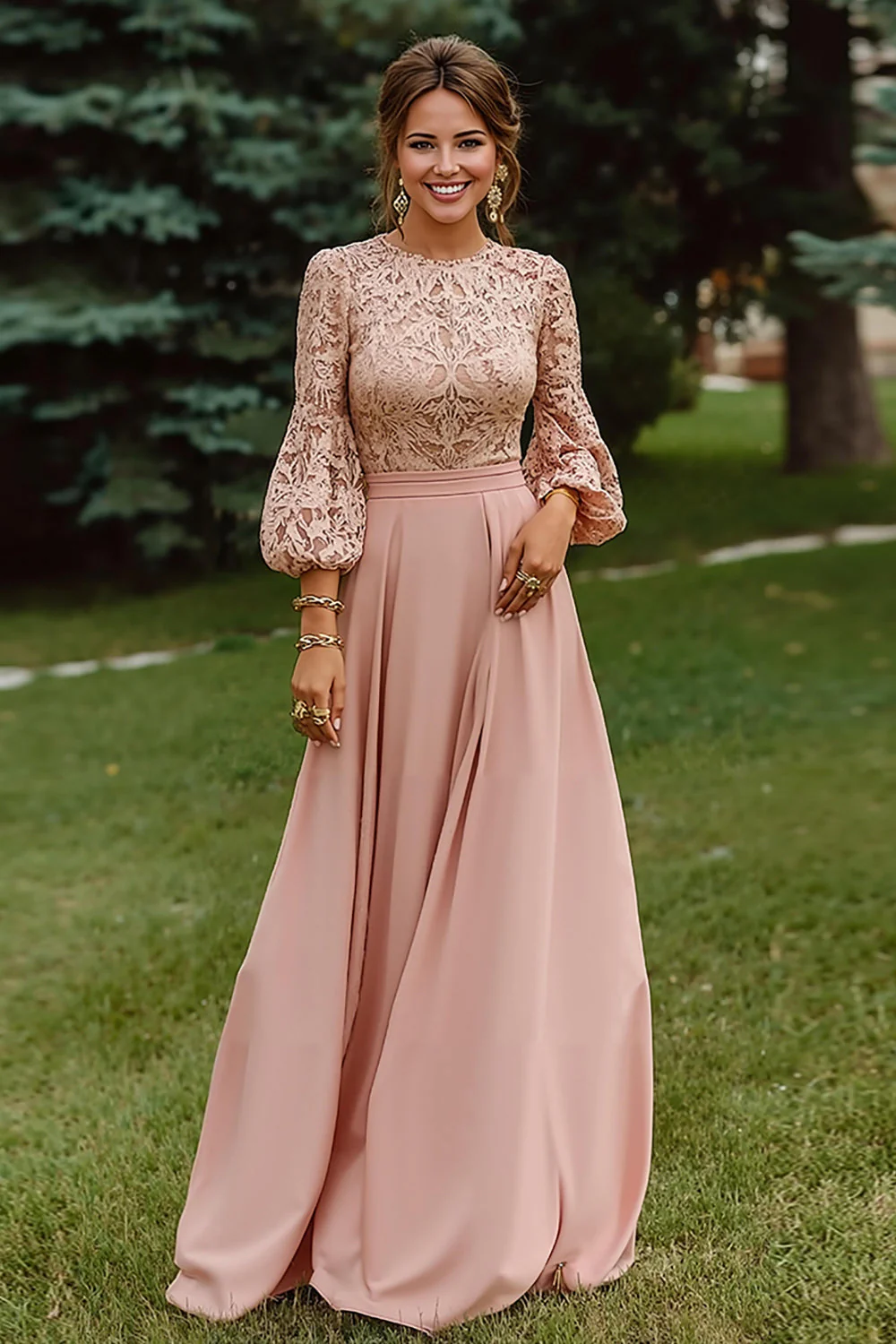 Długa sukienka matki panny młodej w kolorze Dusty Rose w linii A z 3/4 rękawami