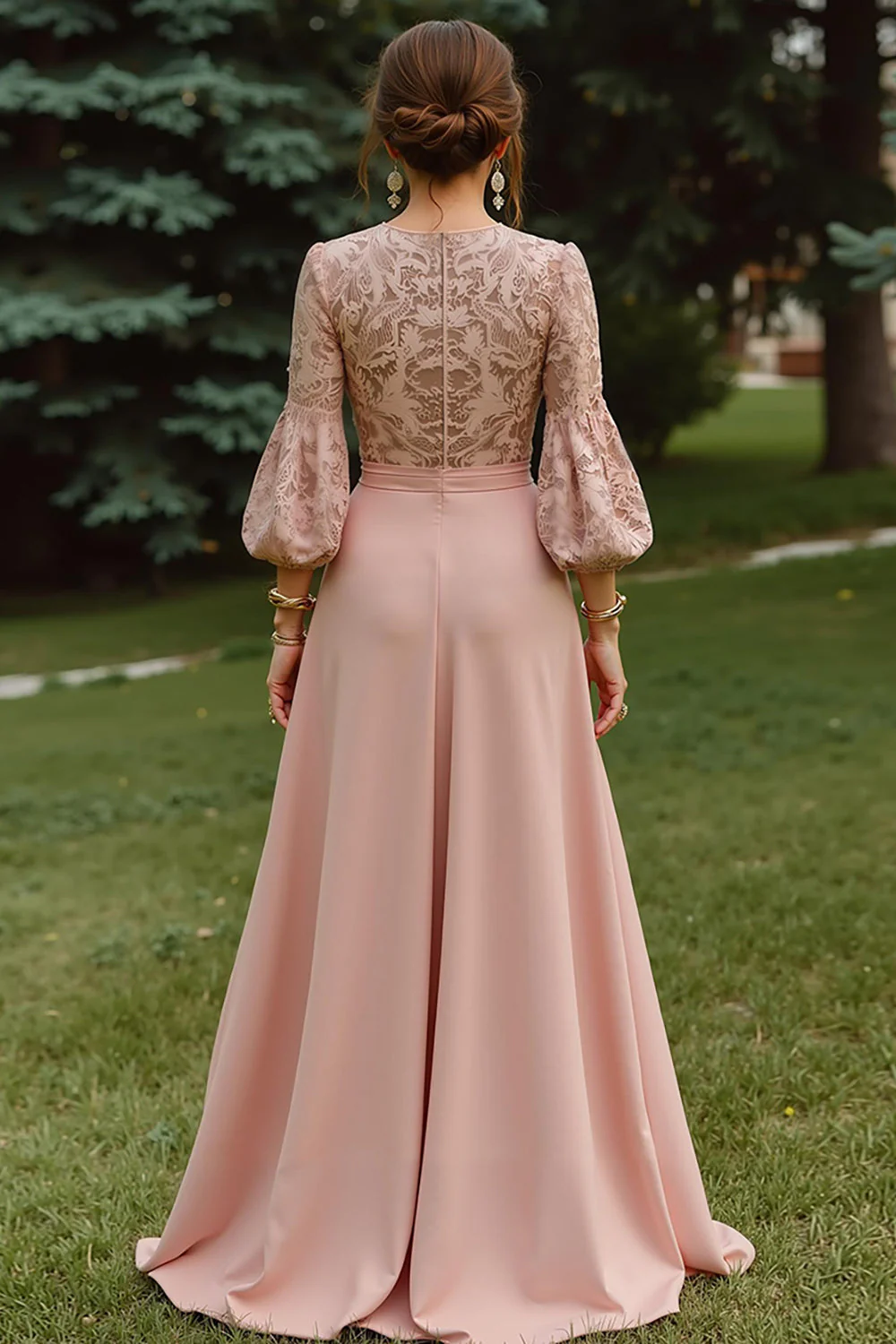 Długa sukienka matki panny młodej w kolorze Dusty Rose w linii A z 3/4 rękawami - Image 2