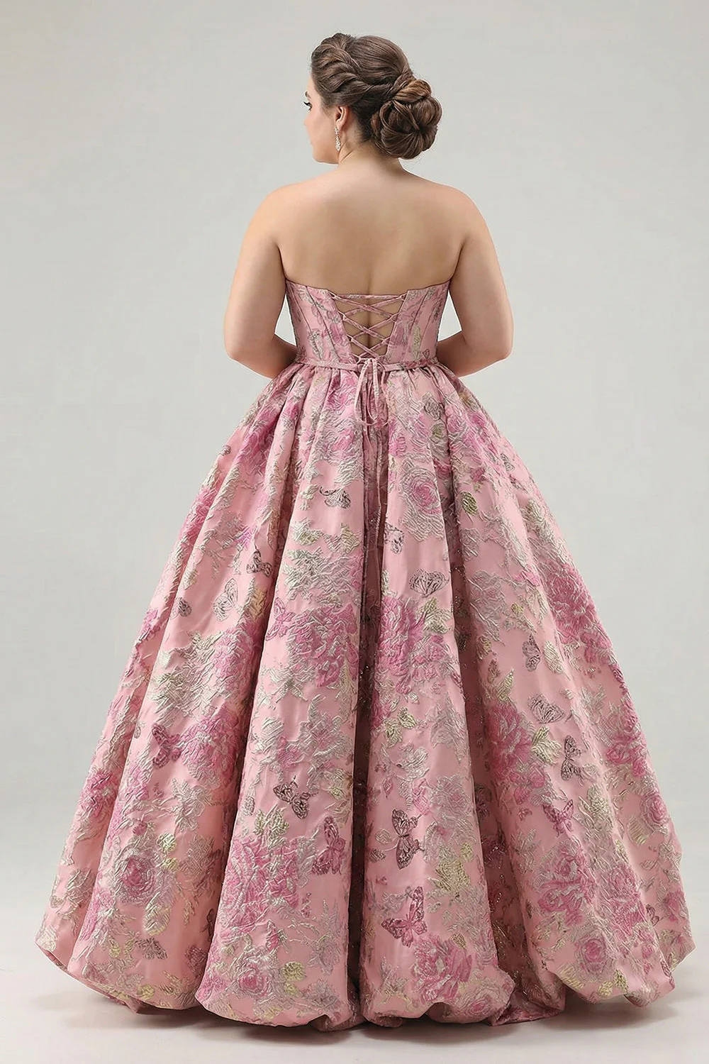 Długa sukienka na bal balowy plus size w kwiatowym i kwiatowym gorsetie bez ramiączek z koronowanymi plecami - Image 2