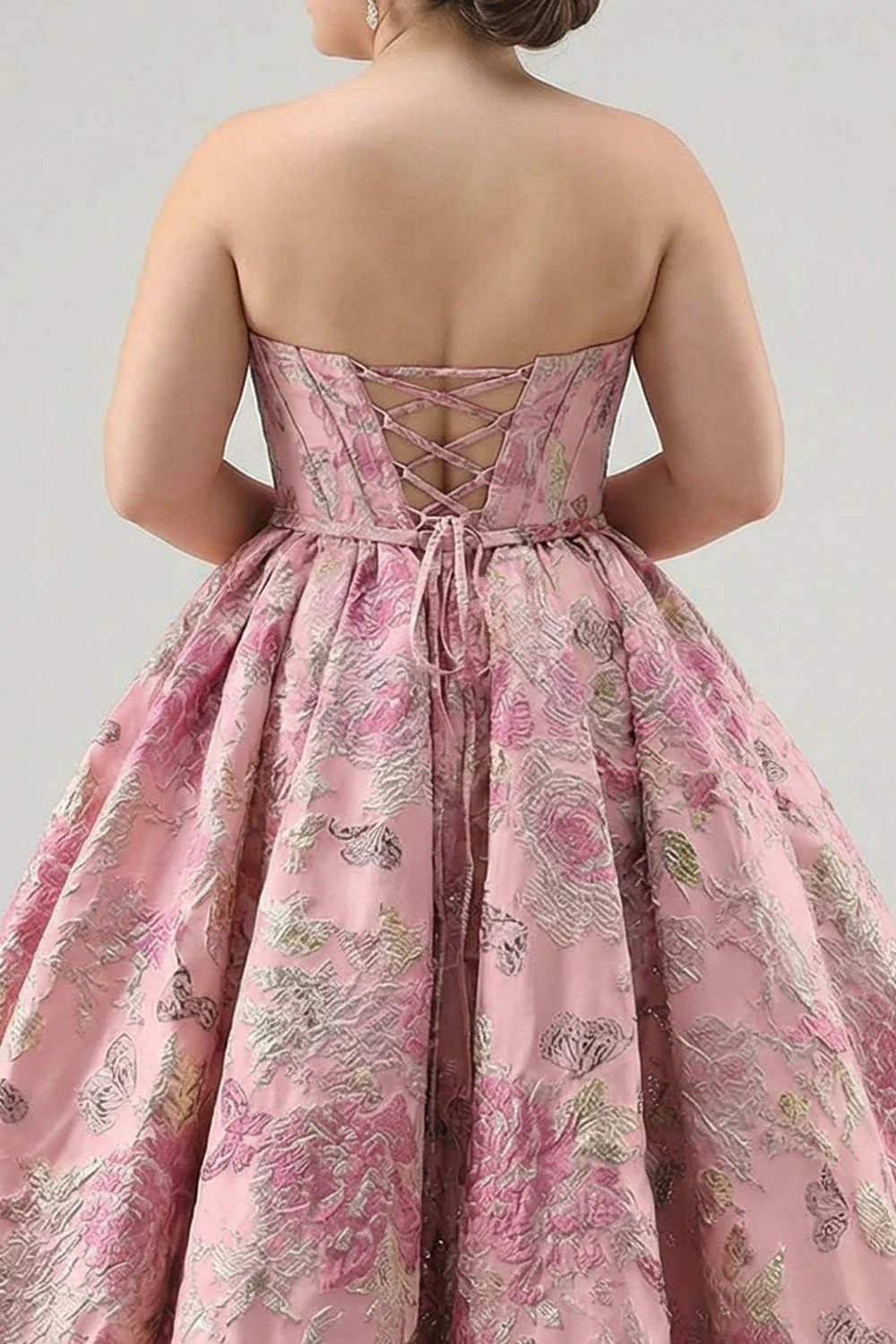 Długa sukienka na bal balowy plus size w kwiatowym i kwiatowym gorsetie bez ramiączek z koronowanymi plecami - Image 5