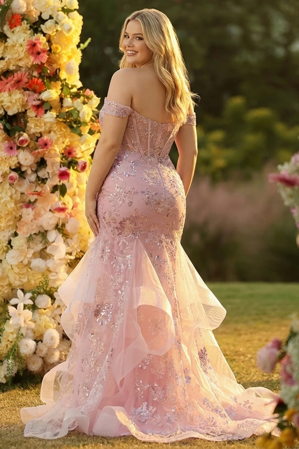 Długa sukienka na bal plus size z koralikami w koralikach, z falbanami - Image 2