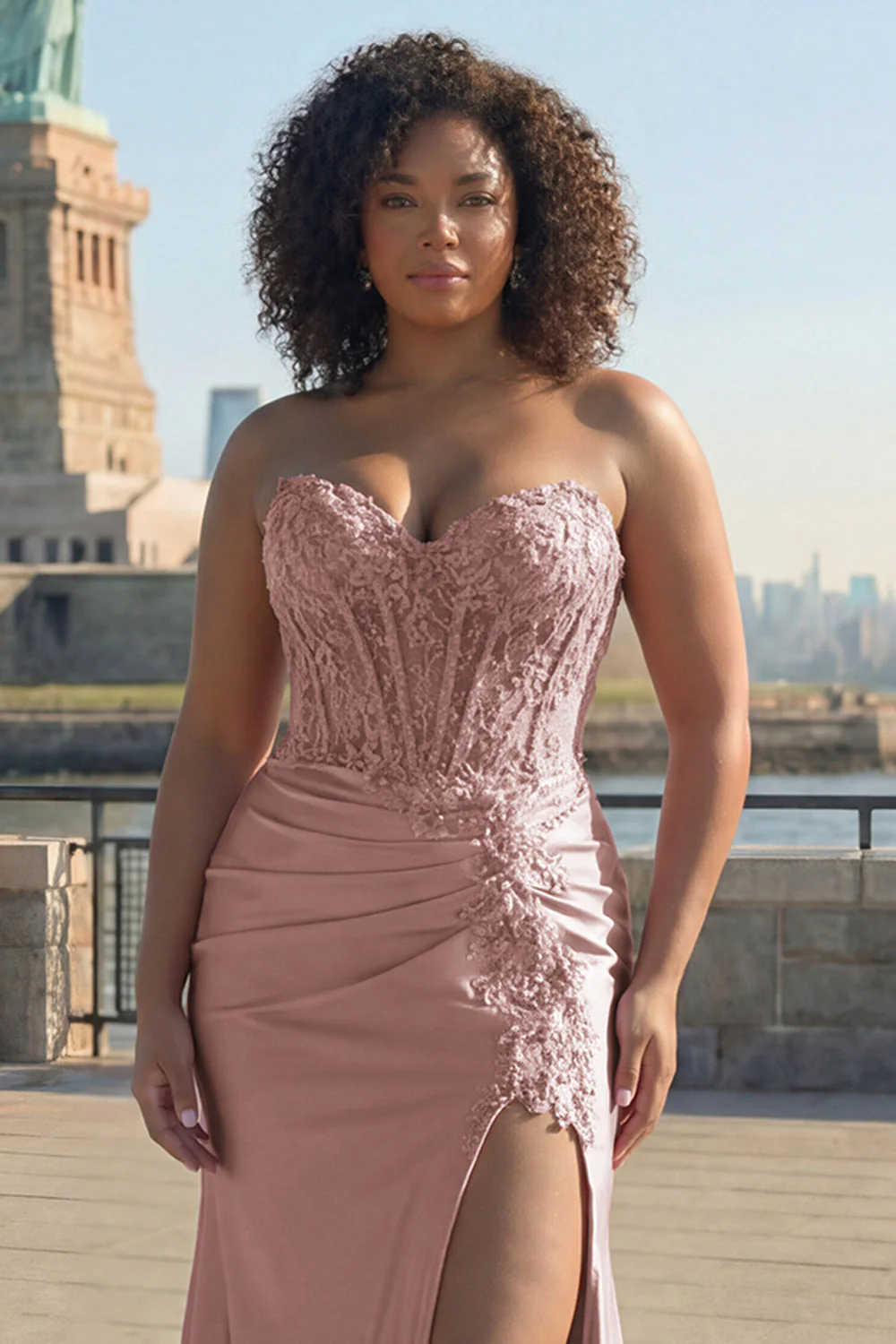 Długa sukienka na bal plus size z rozcięciem i korsetem w kształcie rumienieńców w kształcie aplikacji w kształcie serce. - Image 3