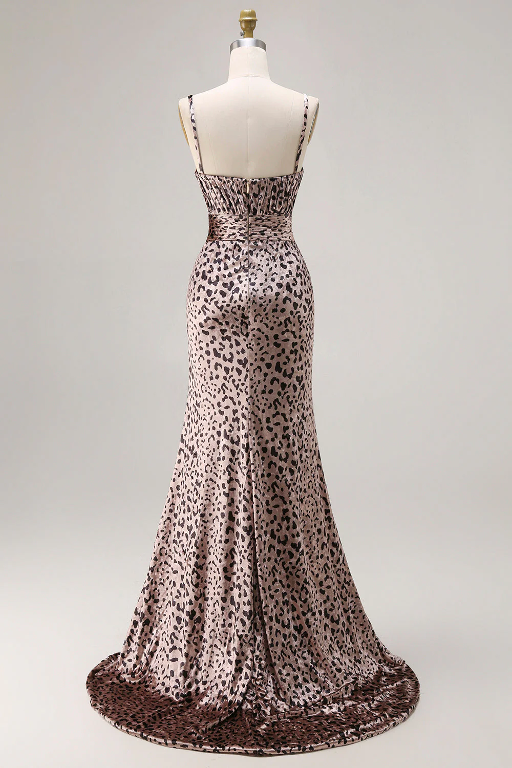 Długa sukienka na bal z rozcięciem – Mermaid Golden Leopard Spaghetti Straps - Image 2