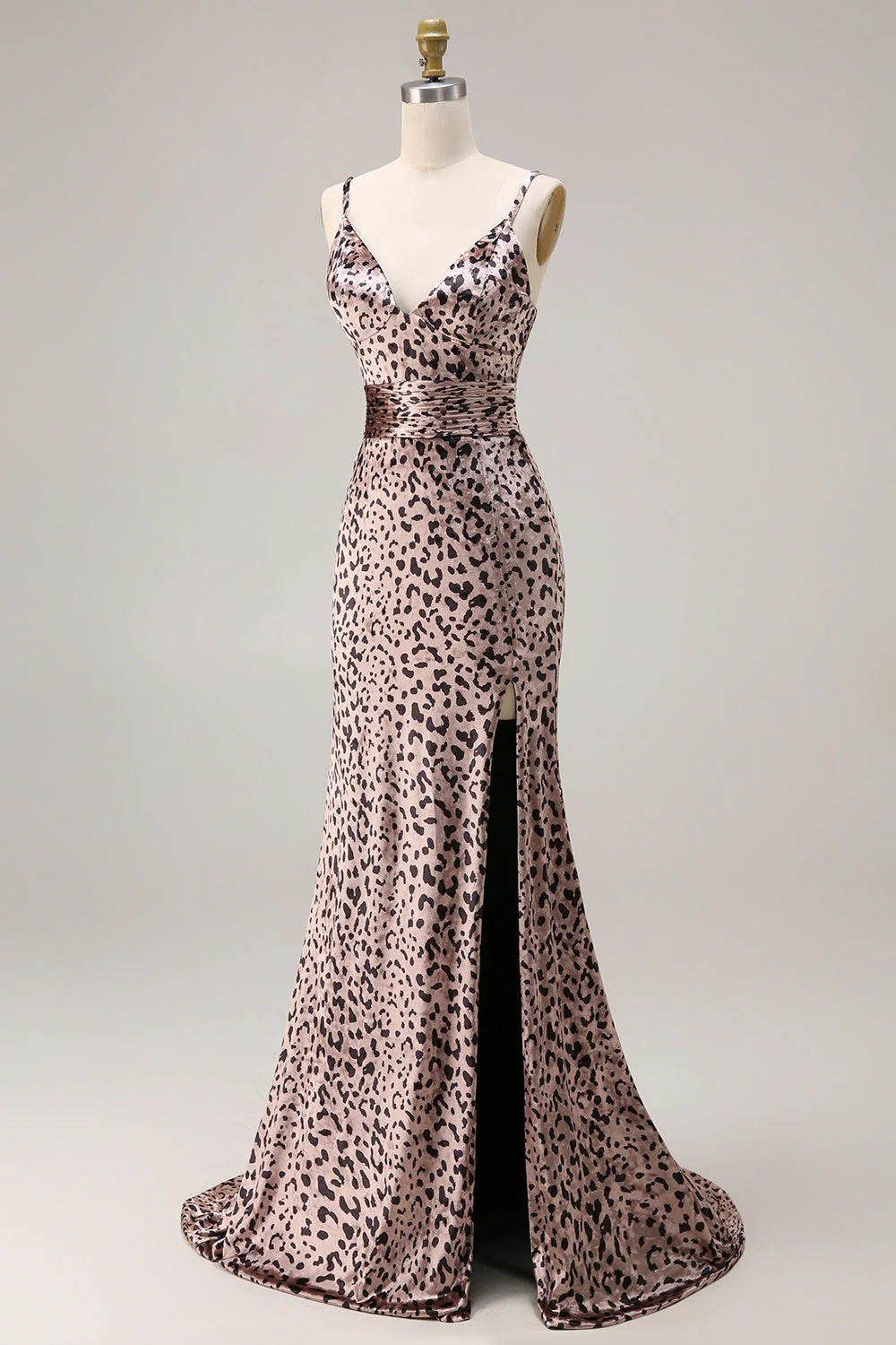 Długa sukienka na bal z rozcięciem – Mermaid Golden Leopard Spaghetti Straps - Image 3