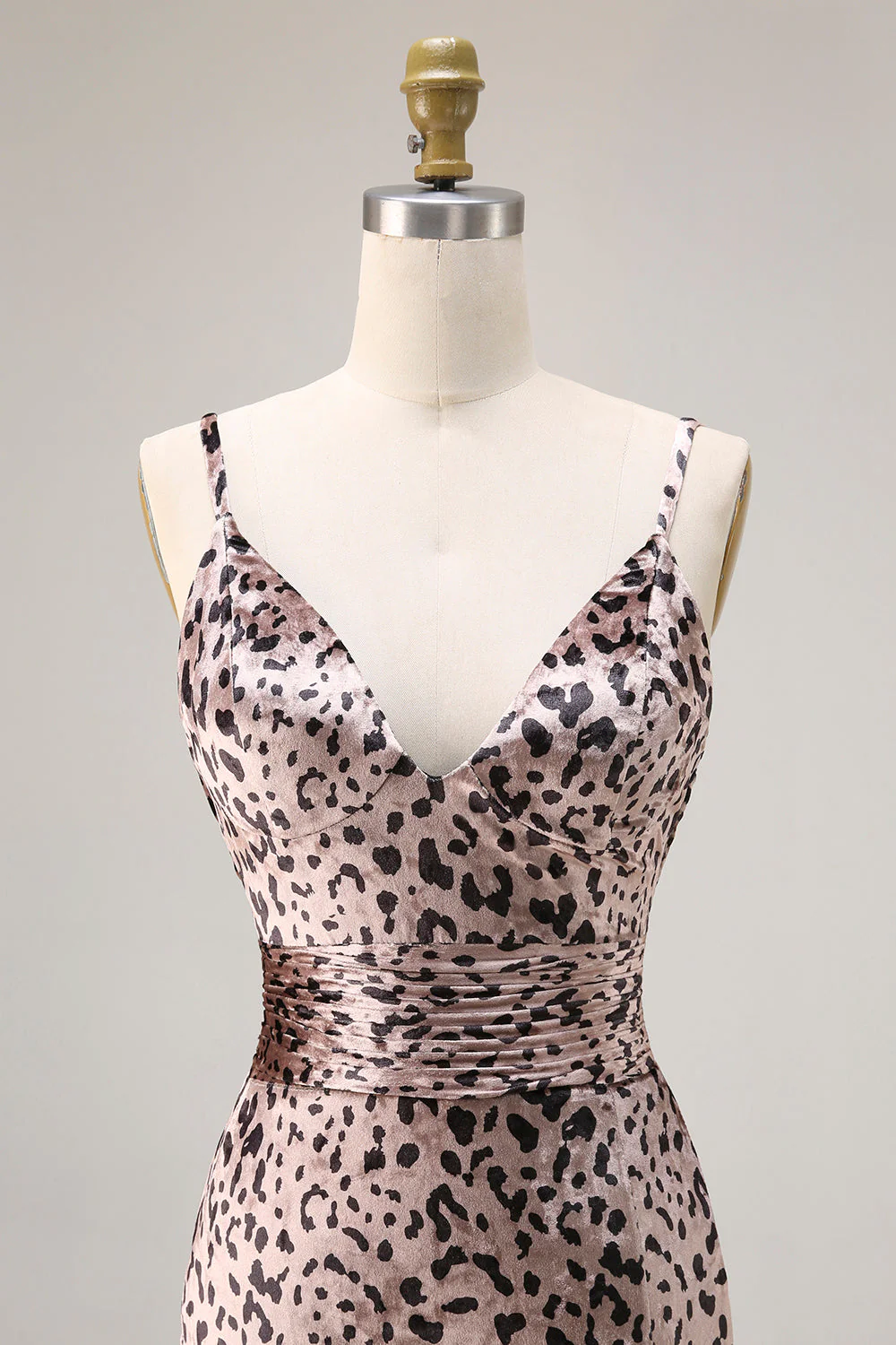 Długa sukienka na bal z rozcięciem – Mermaid Golden Leopard Spaghetti Straps - Image 4