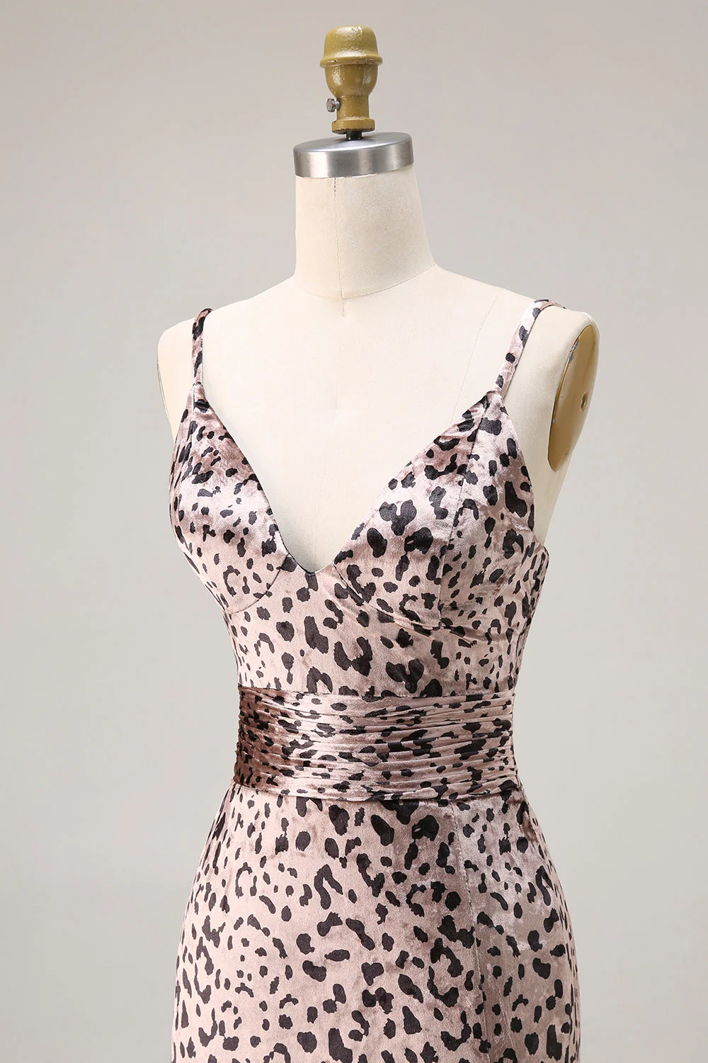 Długa sukienka na bal z rozcięciem – Mermaid Golden Leopard Spaghetti Straps - Image 6