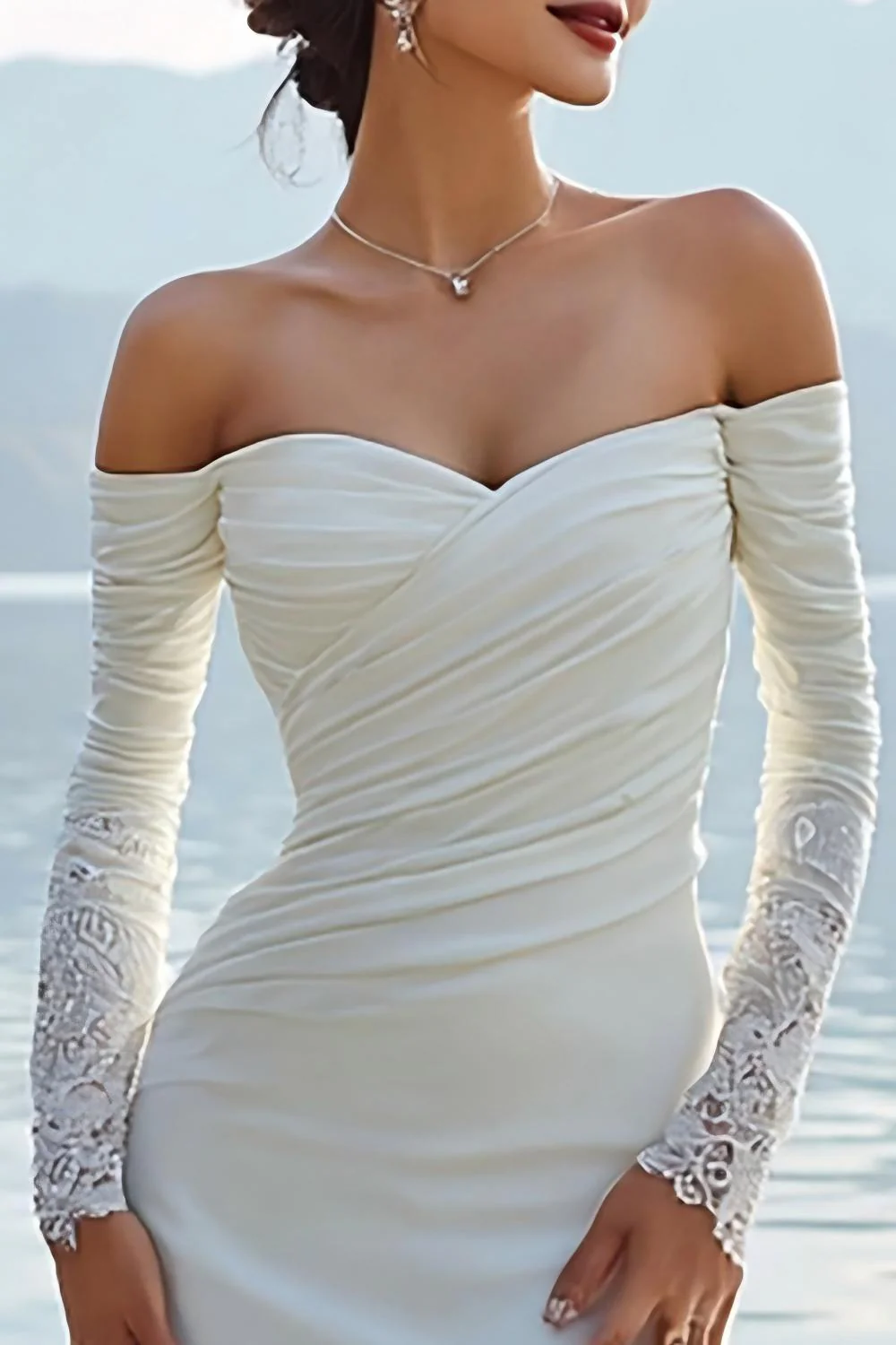 Długa suknia ślubna z marszczami i aplikacjami Ivory Sweetheart Mermaid - Image 3