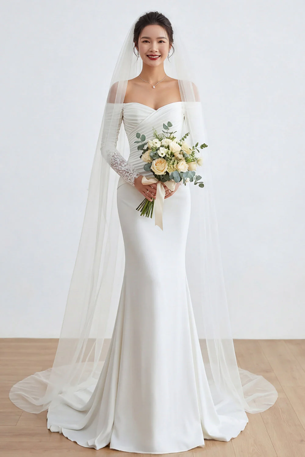 Długa suknia ślubna z marszczami i aplikacjami Ivory Sweetheart Mermaid - Image 4