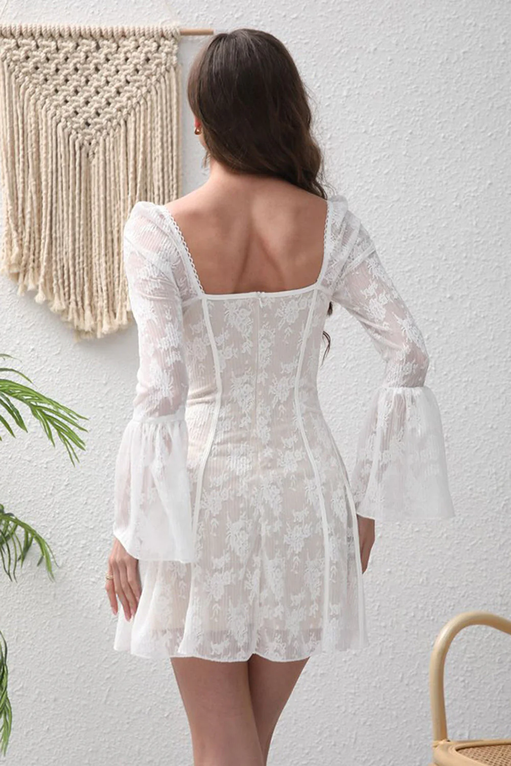 Długie rękawy Bodycon Kwadratowy Dekolt Koronkowy Mały Biały Sukienka - Image 2
