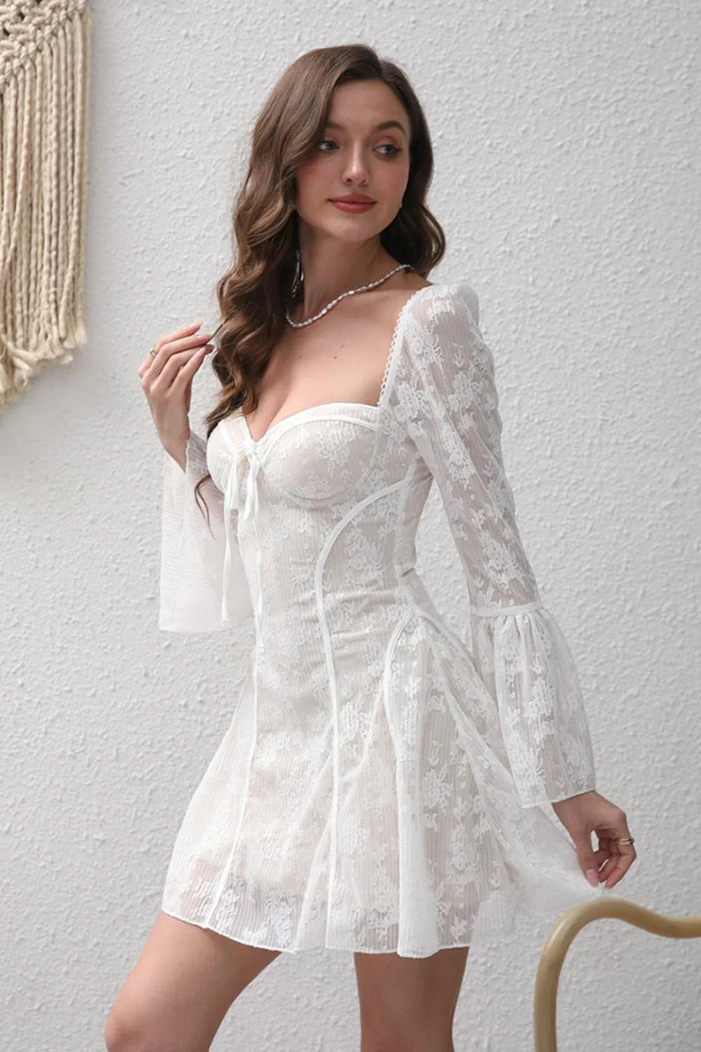 Długie rękawy Bodycon Kwadratowy Dekolt Koronkowy Mały Biały Sukienka - Image 4