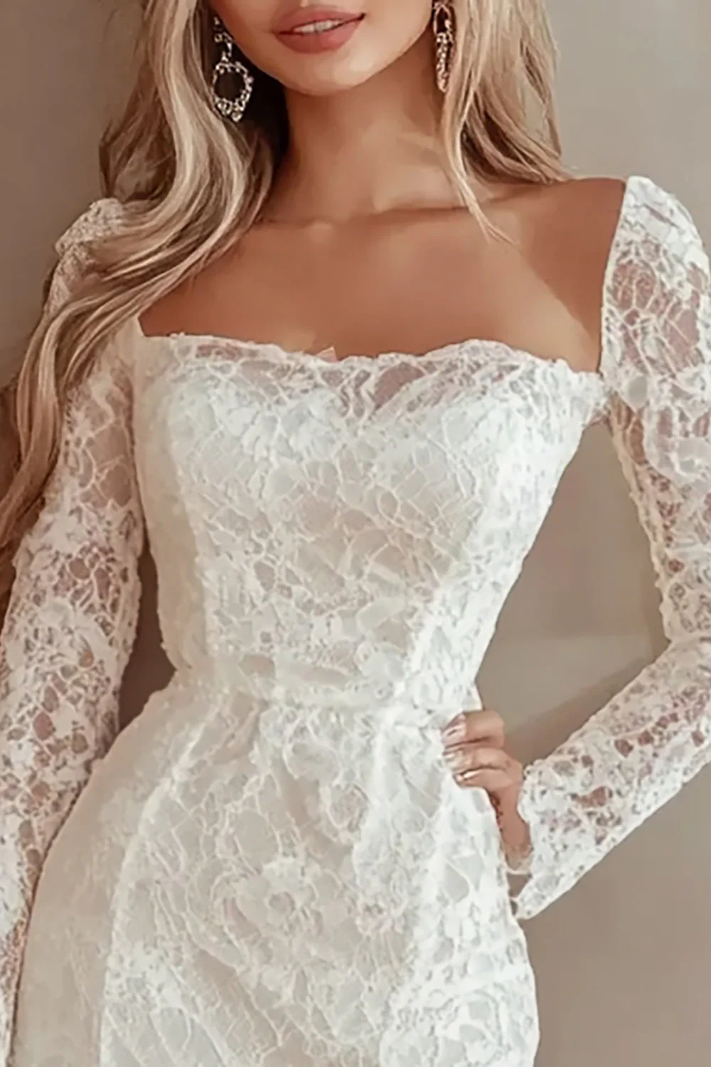 Długie rękawy Bodycon Marszczona Koronkowa Mała Biała Sukienka - Image 2