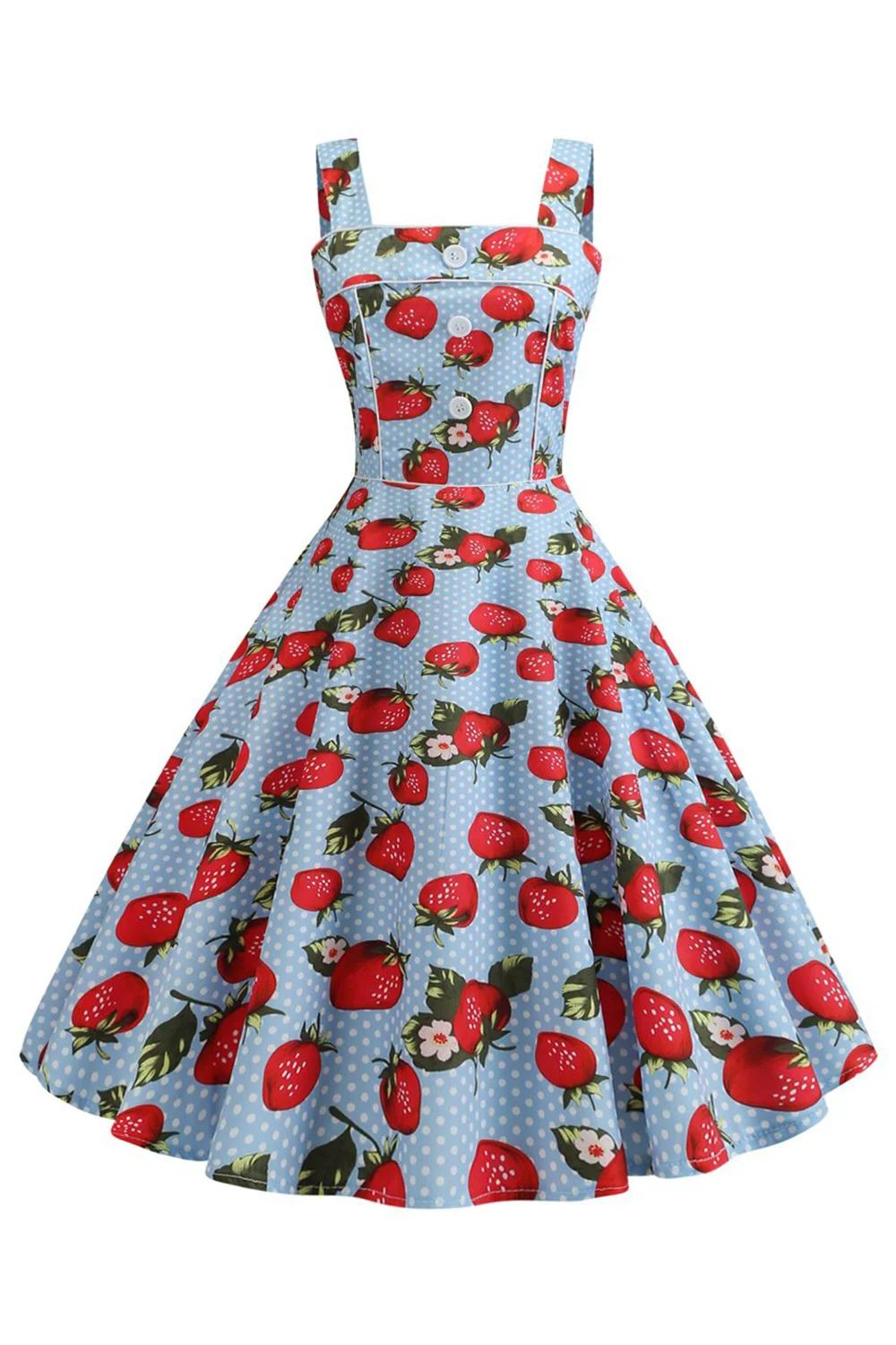 Różowy Truskawka Kwadratowy Dekolt Krótki Sukienka Retro Lata 50 - Image 4