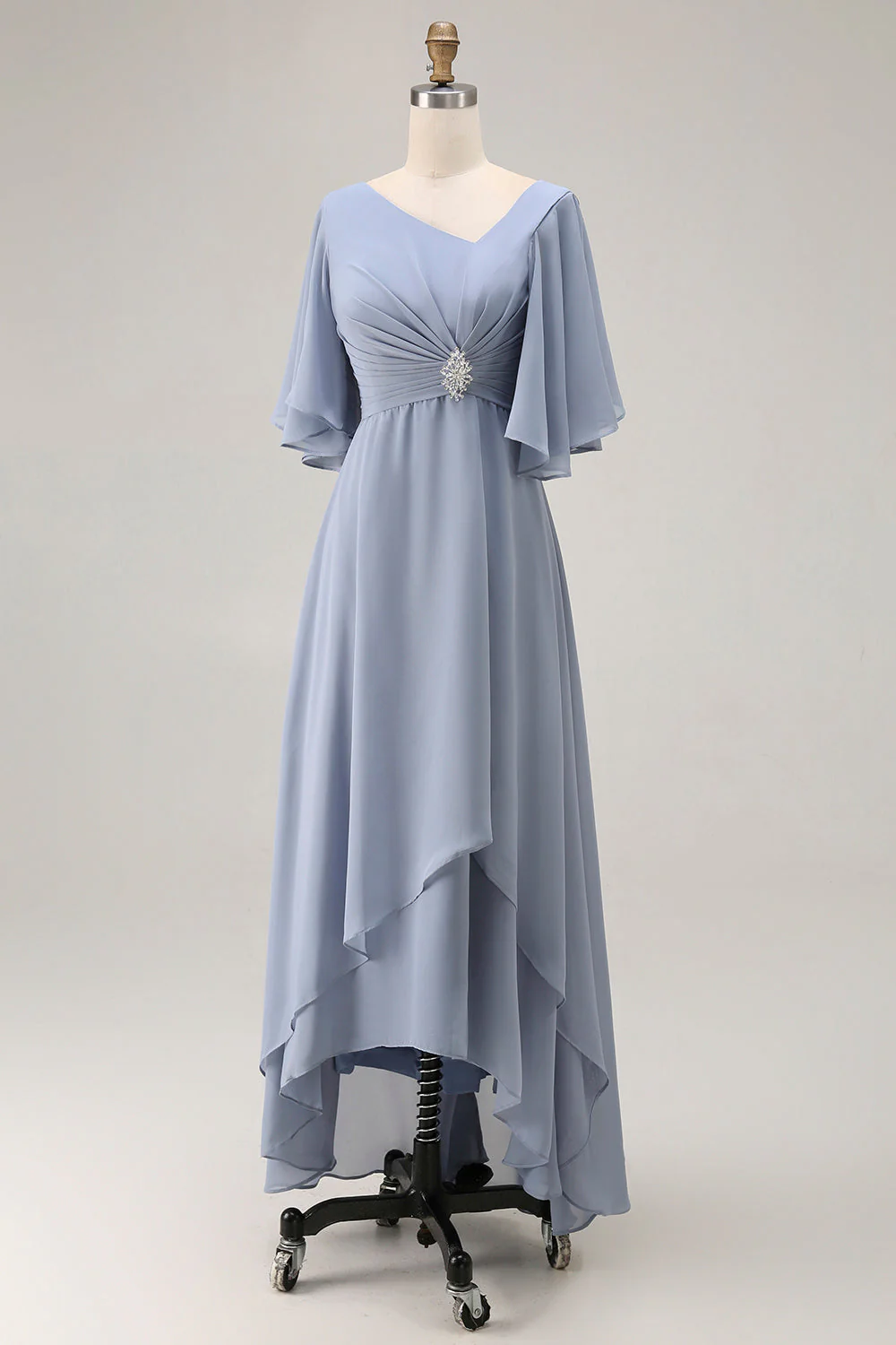 Dusty Blue Linia Asymetryczna Szyja Matka Panny Młodej Sukienka Z Rękawami - Image 3