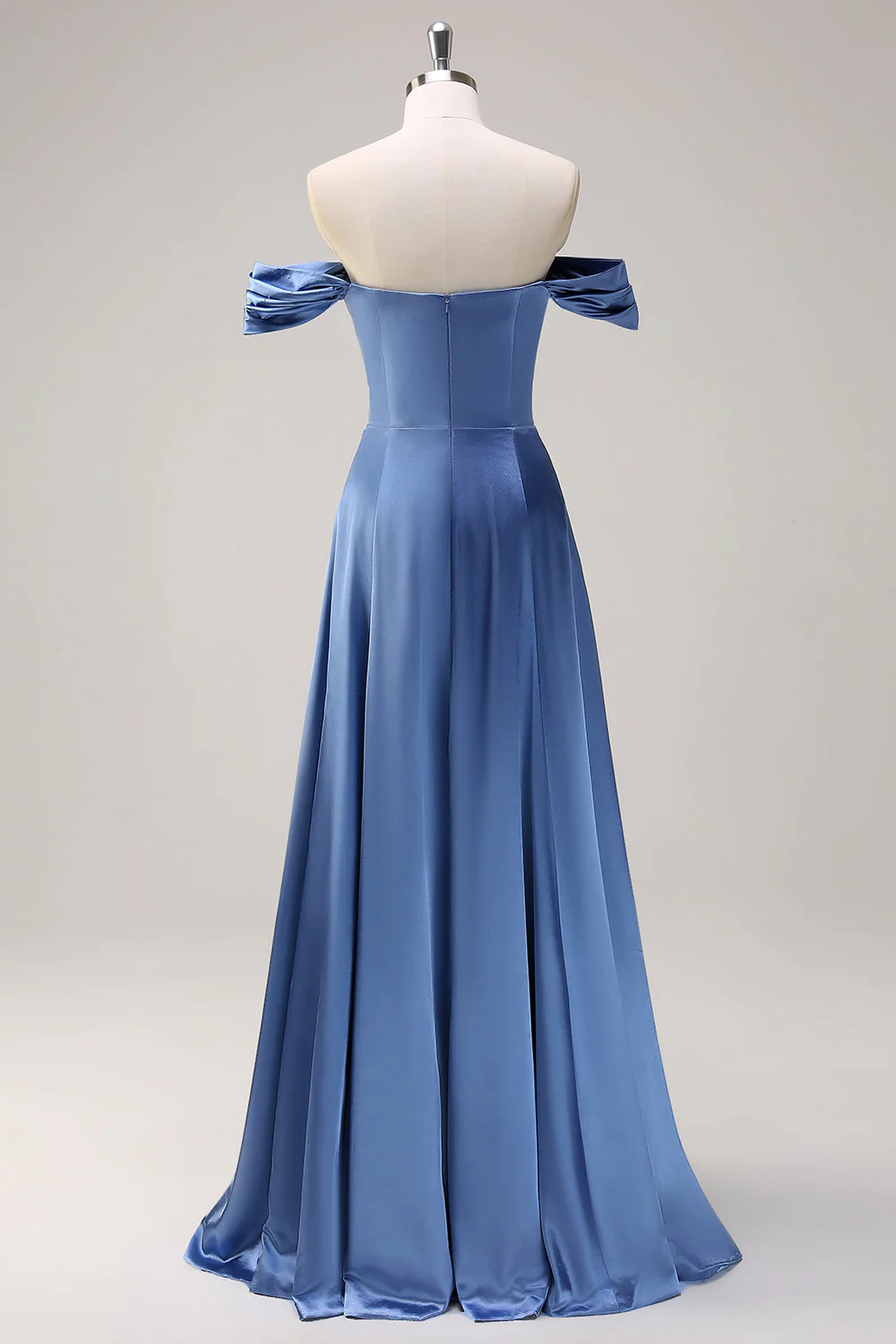 Dusty Blue Linia Off The Shoulder Satynowa Długa Sukienka Druhny - Image 2