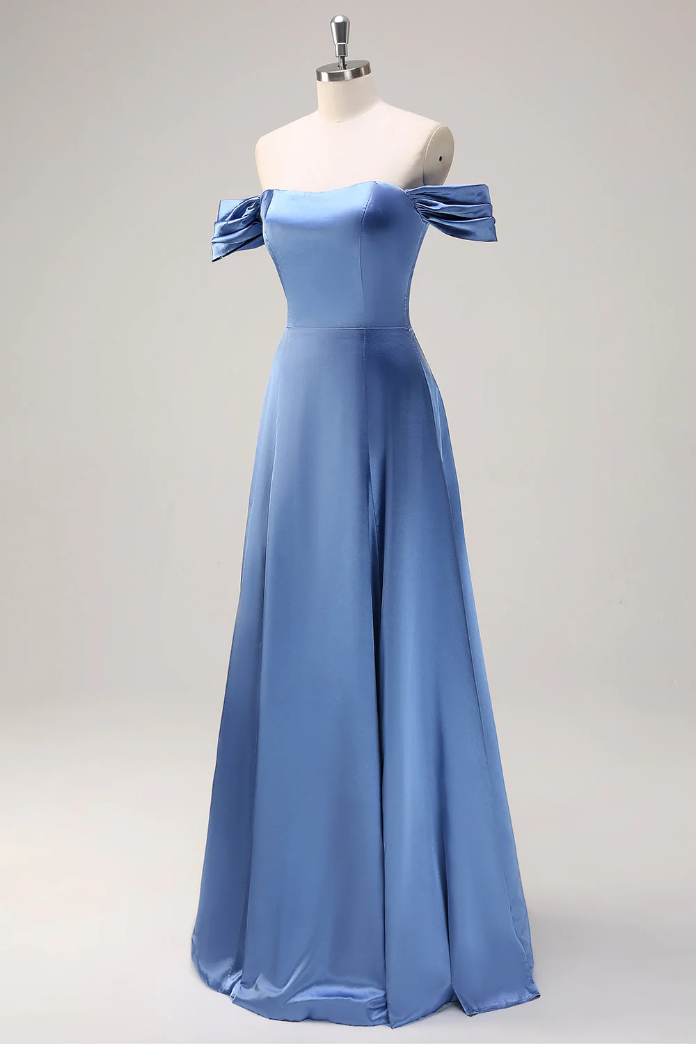 Dusty Blue Linia Off The Shoulder Satynowa Długa Sukienka Druhny - Image 3