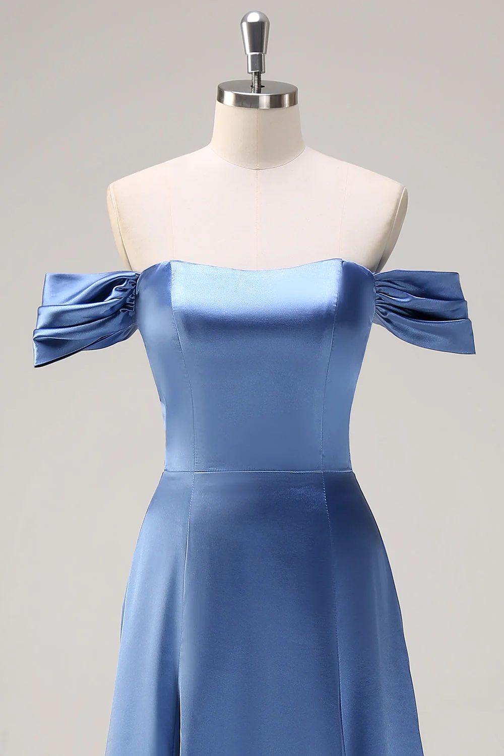Dusty Blue Linia Off The Shoulder Satynowa Długa Sukienka Druhny - Image 4