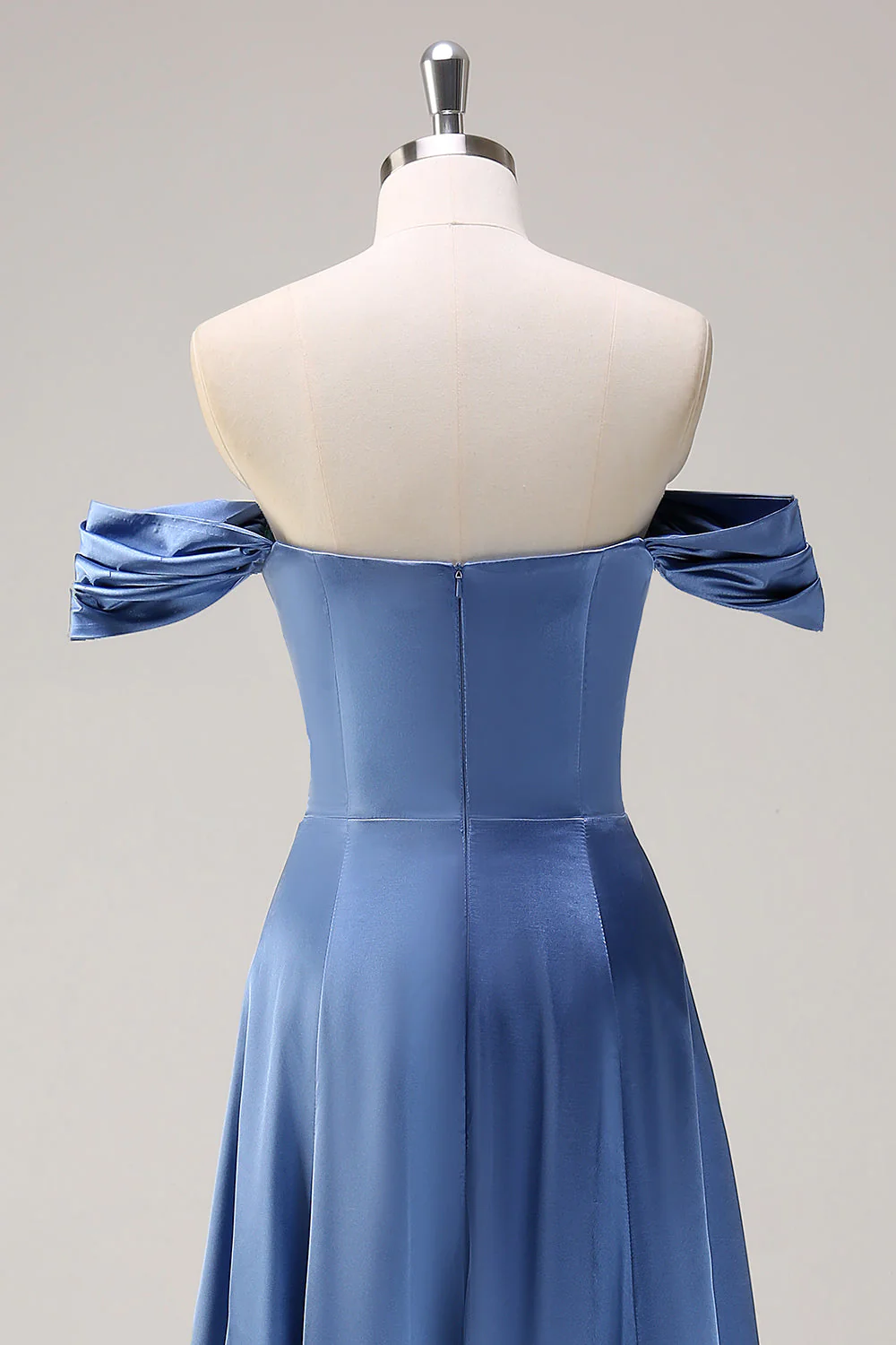 Dusty Blue Linia Off The Shoulder Satynowa Długa Sukienka Druhny - Image 5