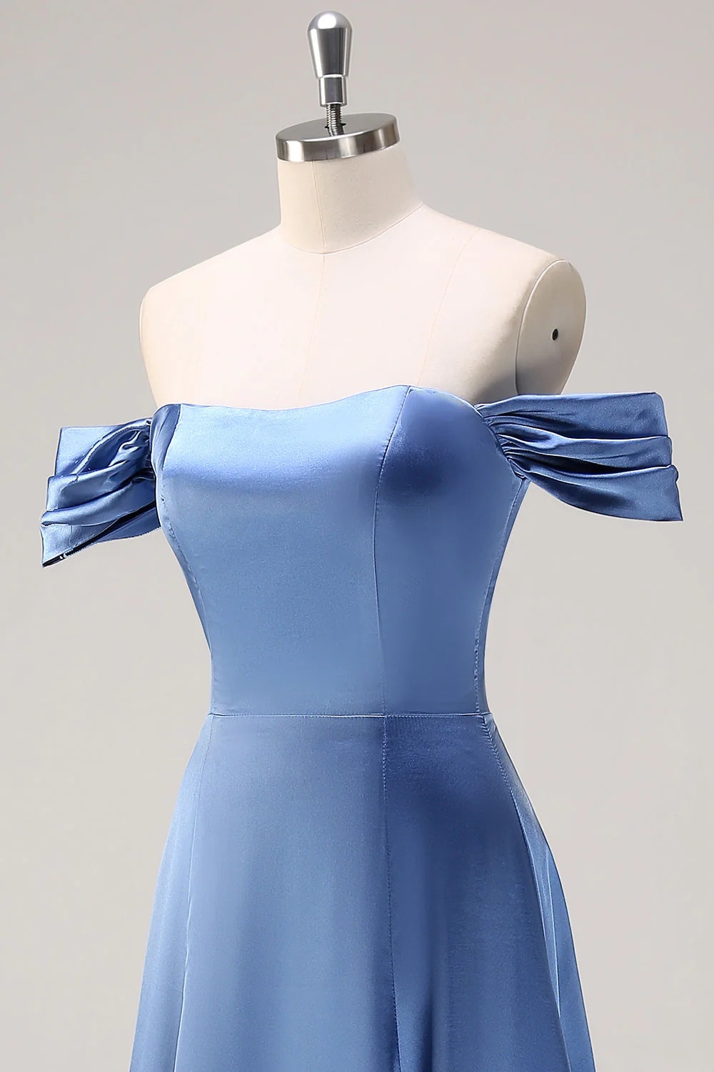 Dusty Blue Linia Off The Shoulder Satynowa Długa Sukienka Druhny - Image 6