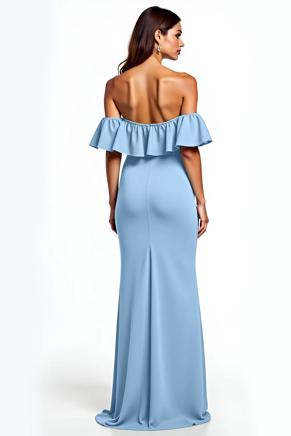 Dusty Blue Mermaid Ruffle Off Off Shoulder Długa sukienka dla gości weselnych z rozcięciem - Image 2