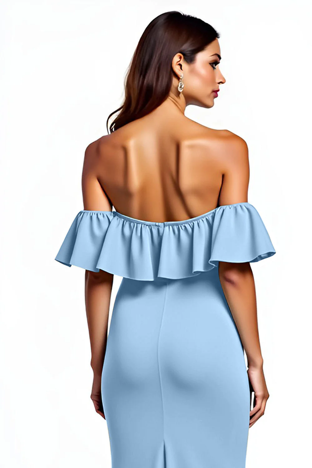 Dusty Blue Mermaid Ruffle Off Off Shoulder Długa sukienka dla gości weselnych z rozcięciem - Image 4