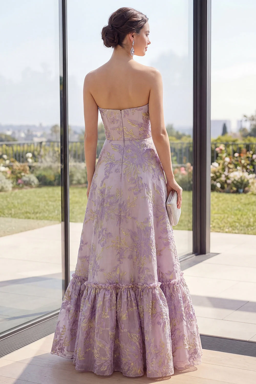 Dusty Lila Jacquard bez ramiączek A Line Maxi Kwiecista Sukienka - Image 2