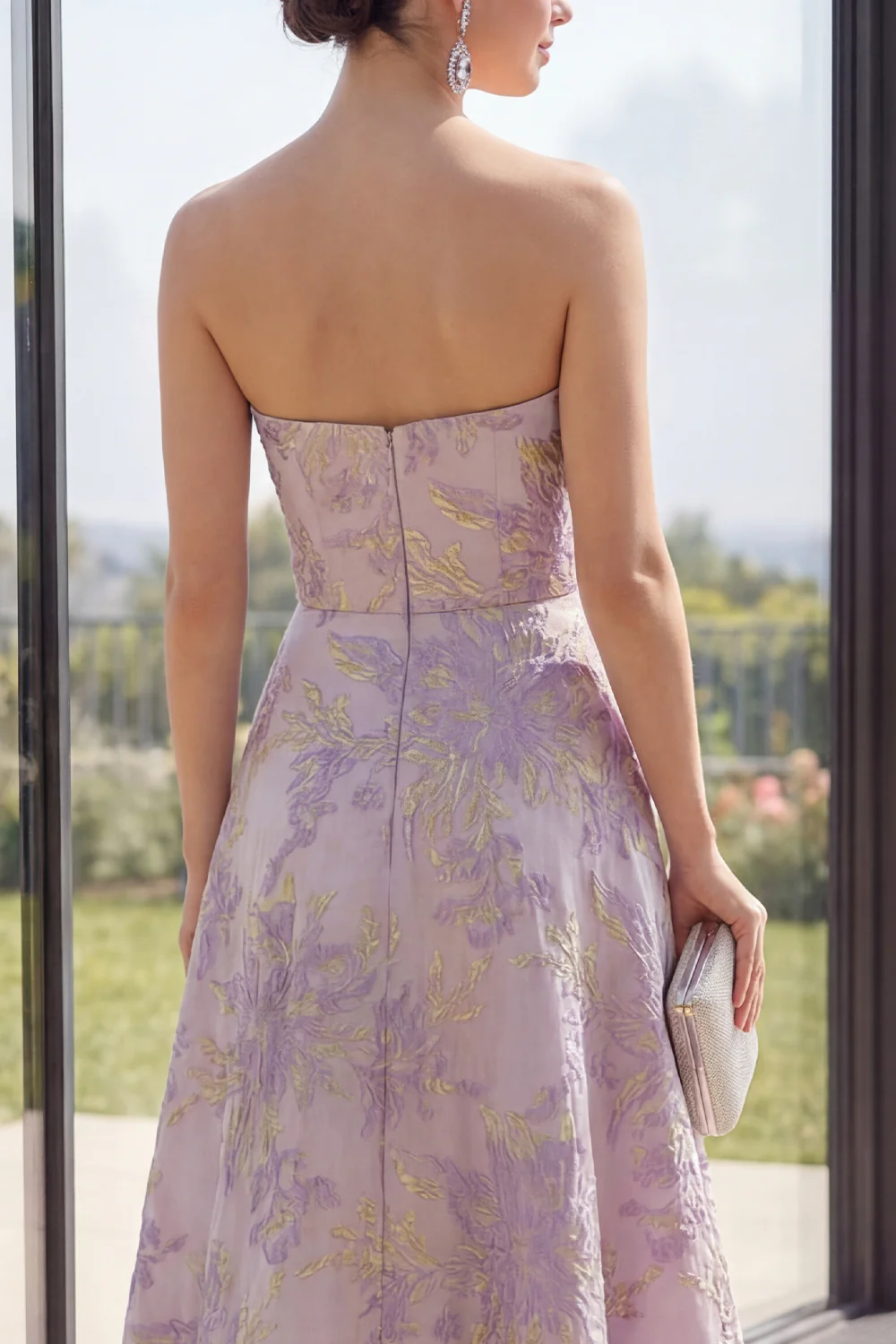 Dusty Lila Jacquard bez ramiączek A Line Maxi Kwiecista Sukienka - Image 4
