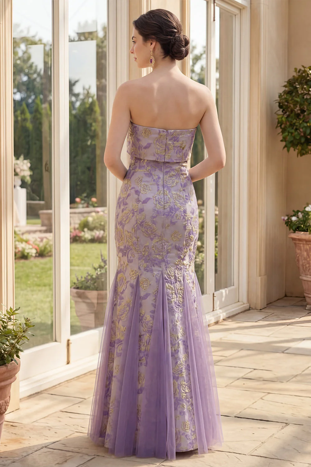 Dusty Lila Jacquard Mermaid – kwiatowa sukienka maxi bez ramiączek - Image 2