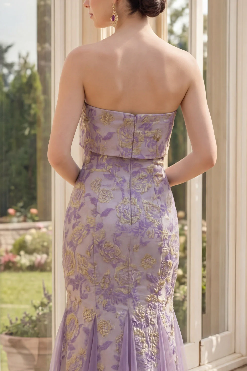 Dusty Lila Jacquard Mermaid – kwiatowa sukienka maxi bez ramiączek - Image 4