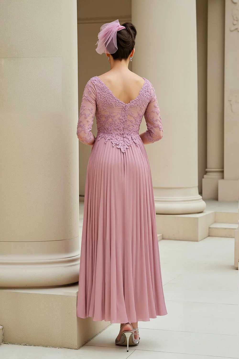 Dusty Rose A-line Dekolt w serek Rękawy 3/4 Sukienka dla matki panny młodej z aplikacjami - Image 2