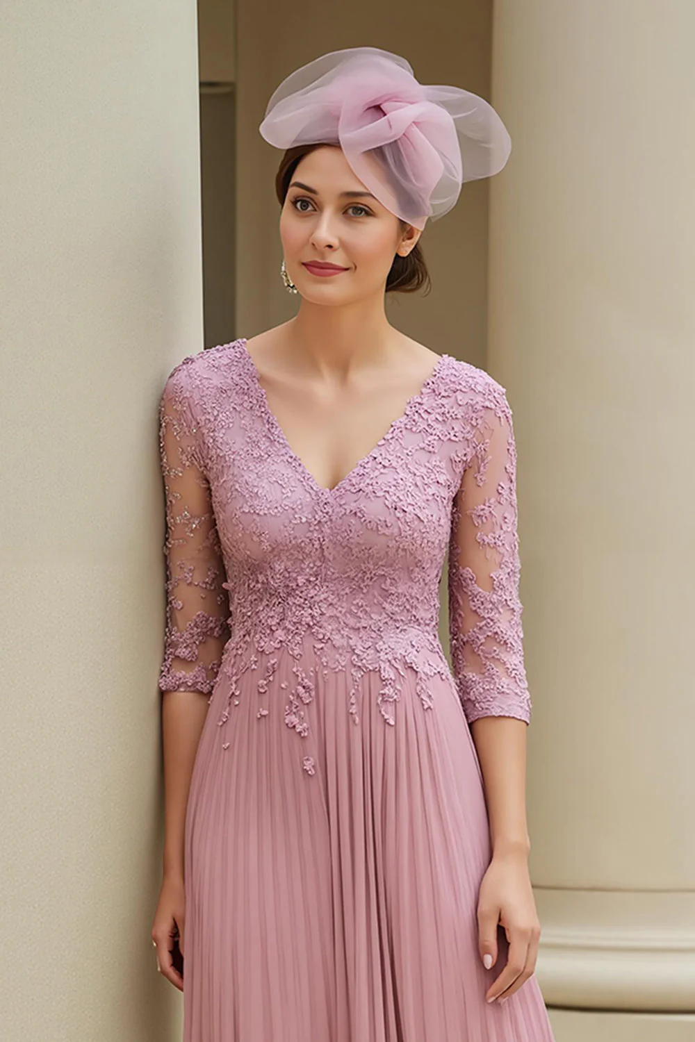 Dusty Rose A-line Dekolt w serek Rękawy 3/4 Sukienka dla matki panny młodej z aplikacjami - Image 3