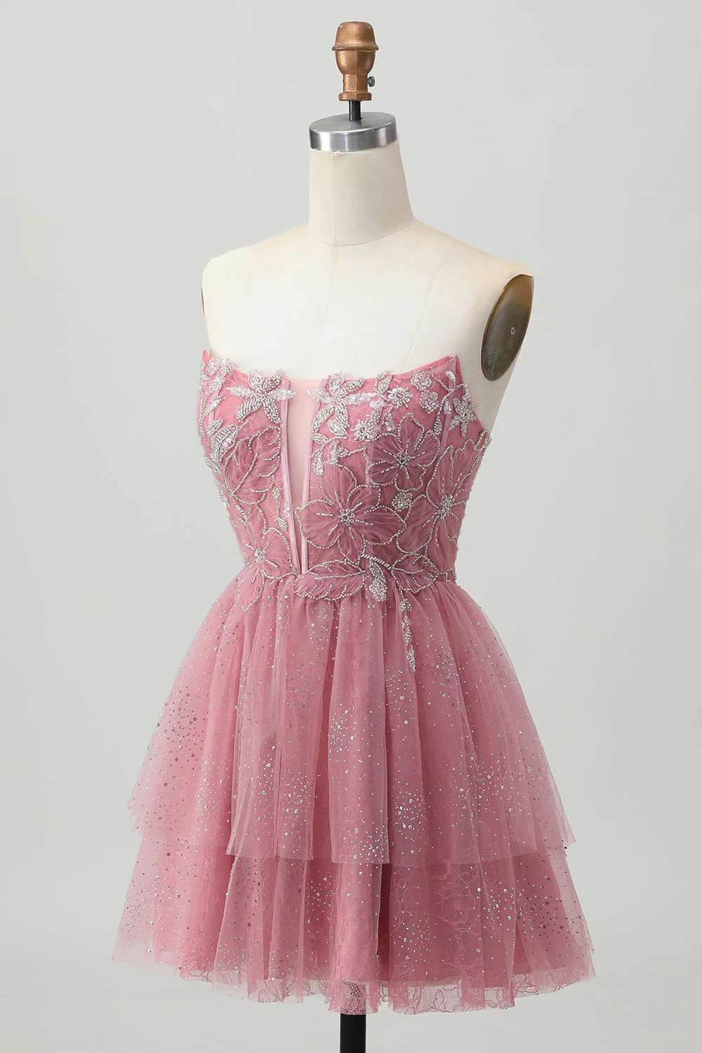 Dusty Rose A-line Warstwowa tiulowa krótka sukienka z powrotem do domu z koralikami - Image 3