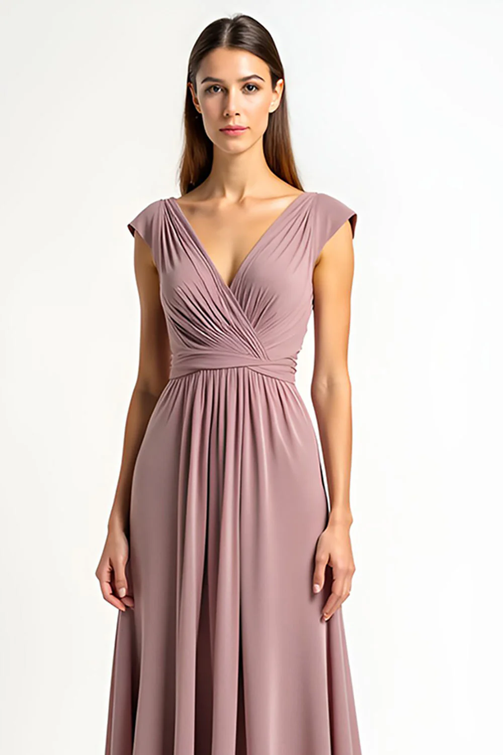 Dusty Rose A-line Wrap Dekolt W Szpic Plisowany Szyfon Długa Sukienka Dla Matki Panny Młodej - Image 3